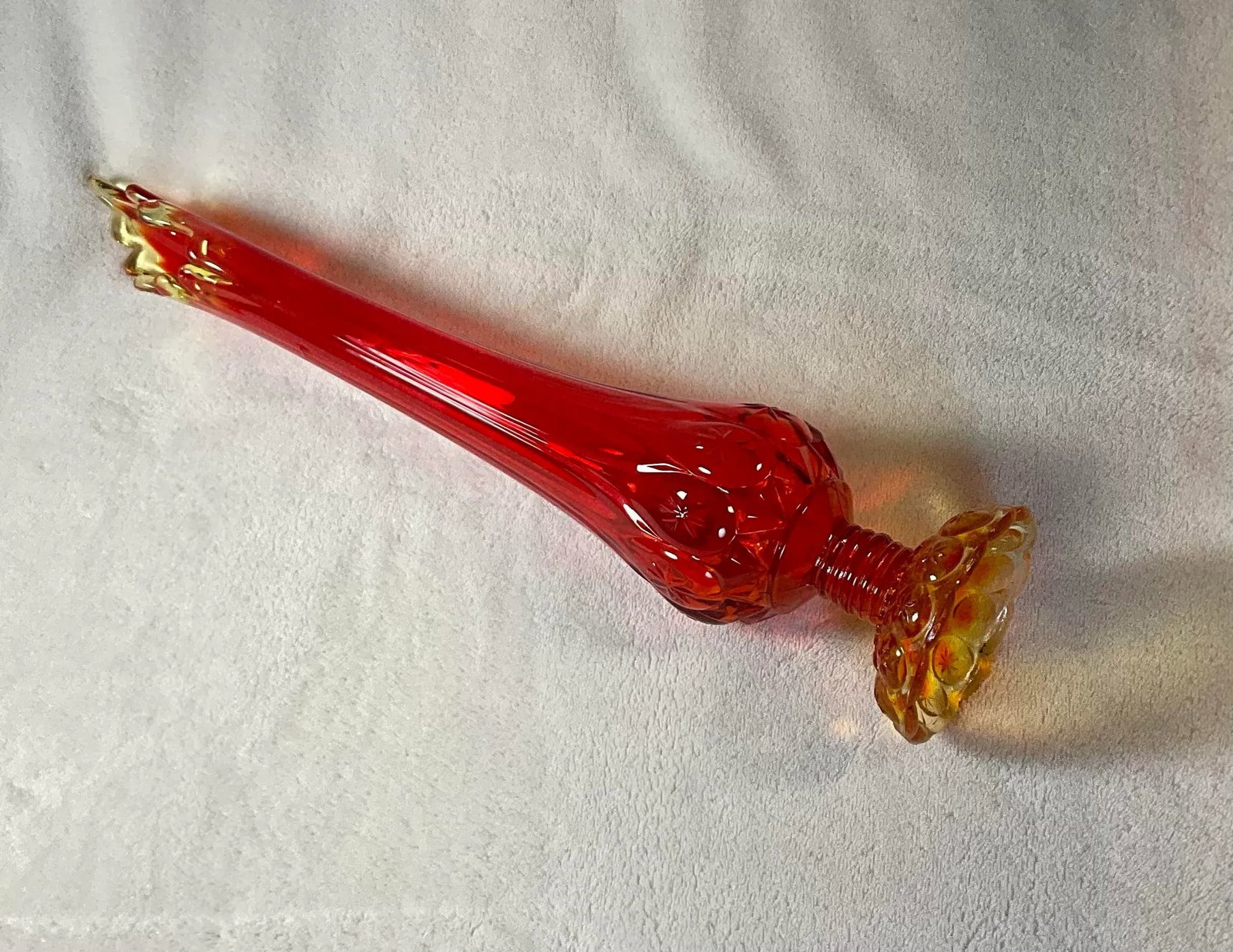 Vintage Mid Century Modern Kanawha Glass Orange Moon and Stars Glass Swung Vase 18" Tall Footed Base - 5