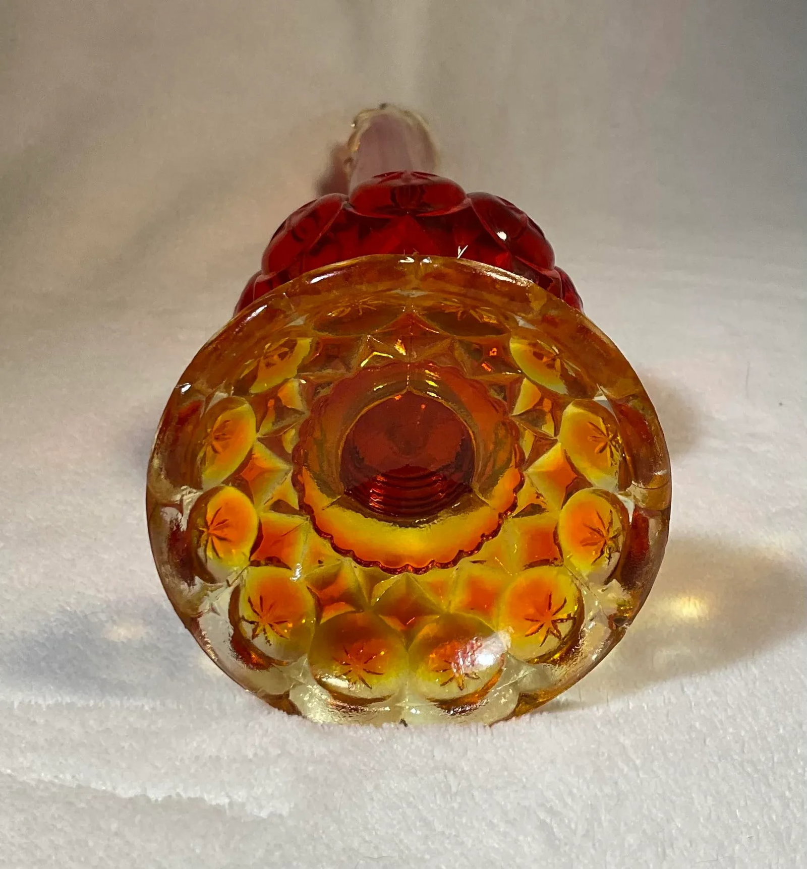 Vintage Mid Century Modern Kanawha Glass Orange Moon and Stars Glass Swung Vase 18" Tall Footed Base - 6