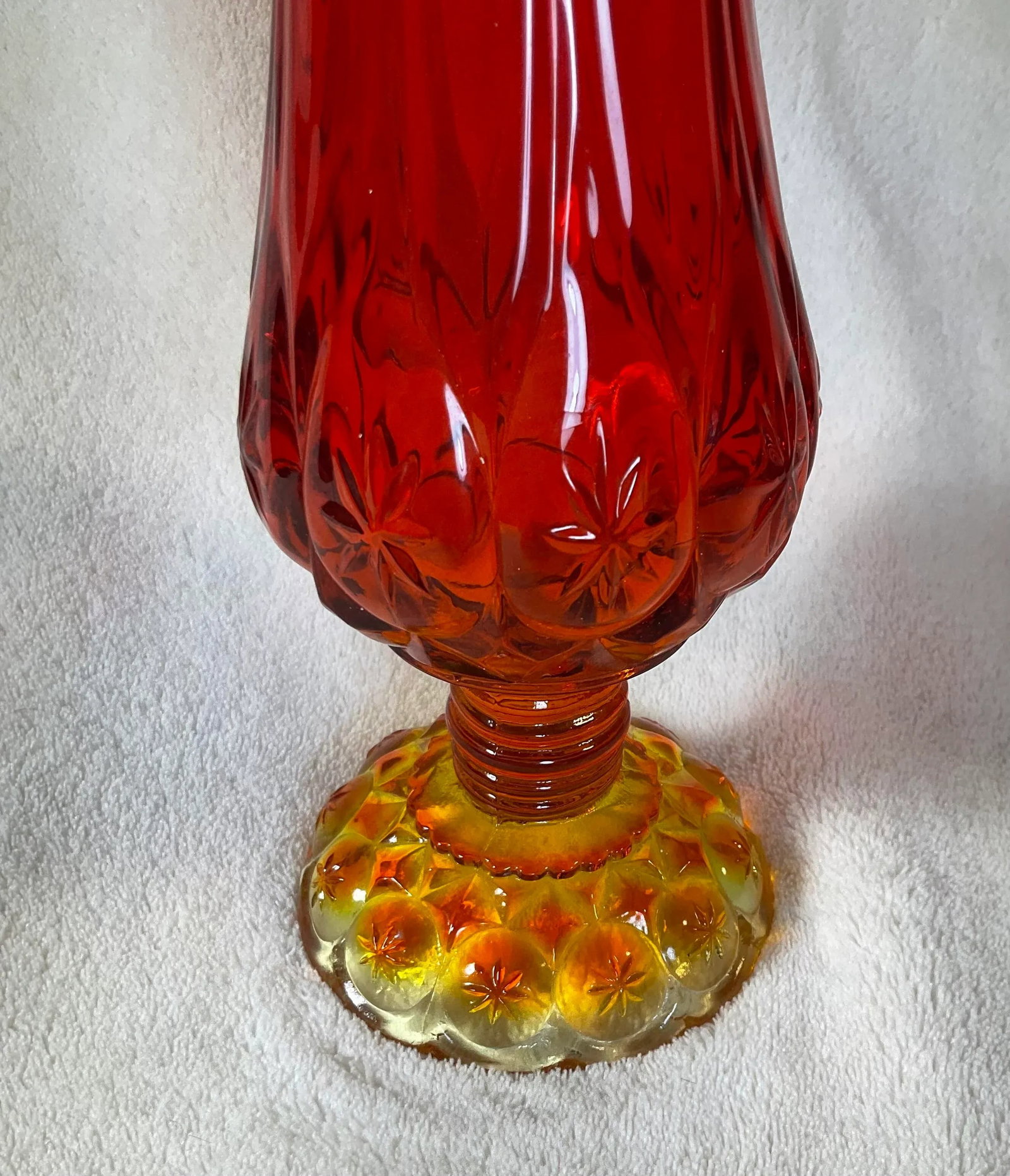Vintage Mid Century Modern Kanawha Glass Orange Moon and Stars Glass Swung Vase 18" Tall Footed Base - 7