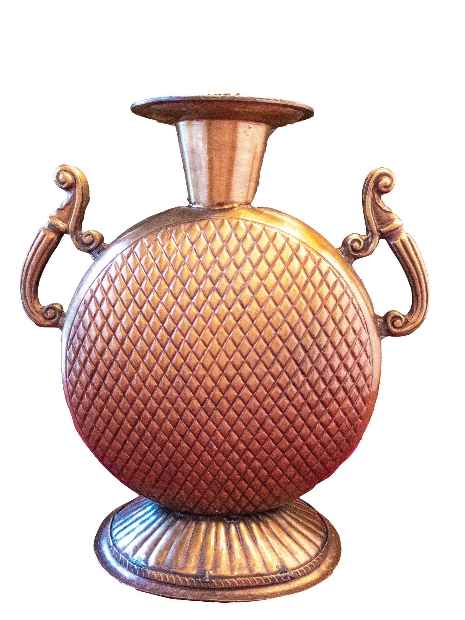 Interlude Home Bronze Floor Vase: Unique, Interlude Home Inc, handcrafted, bronze floor vase/ jug. This double handled vase features a quilted style pattern on the body, a fluted base and ornate handles. Measures approx 17 1/2" tall