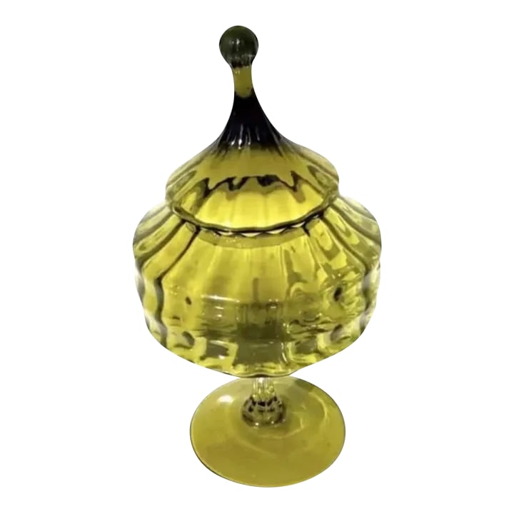 Vintage Mid Century Modern Italian Empoli Blown Glass Apothecary Jar Green Italy.: We have for your consideration a very beautiful apothecary jar glass manufactured by empoli and manufactured in Italy in the 1960s glass is in a beautiful vibrant green color. Glass has not chips or