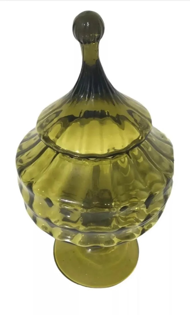 Vintage Mid Century Modern Italian Empoli Blown Glass Apothecary Jar Green Italy. - 2