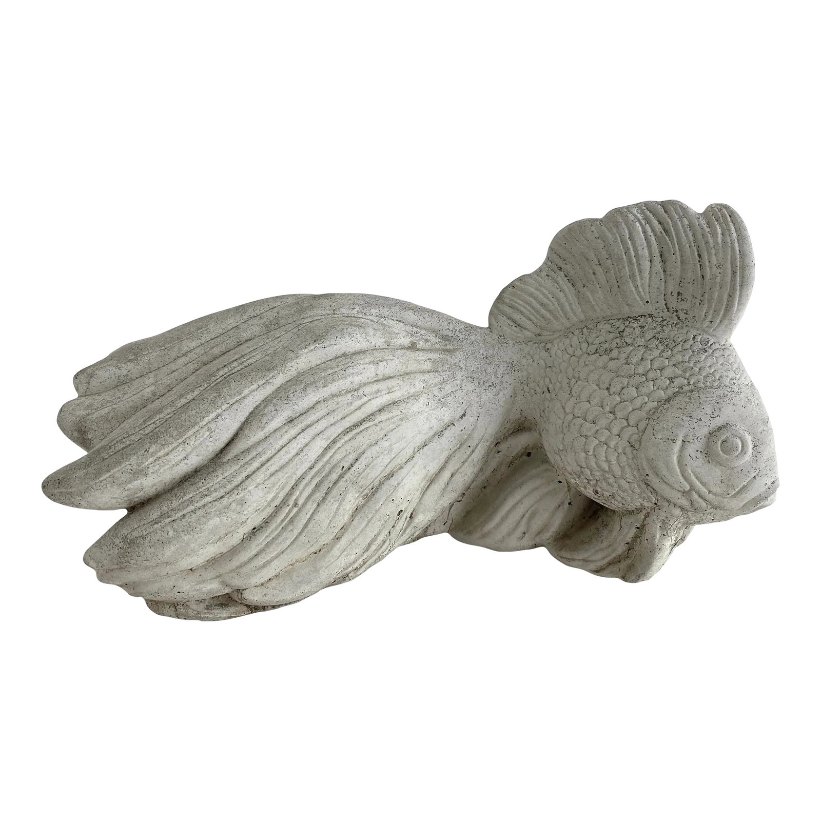 Cast Cement Koi Fish: For indoors or out, this sculptural cast cement koi fish has beautiful age and patina. Fluid lines and texture juxtapose the hard material that create this beautiful piece. Condition: Alterations: