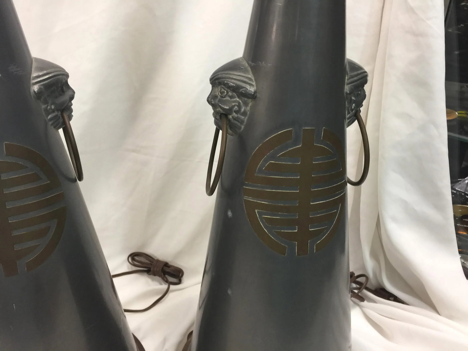 Pair of Vintage Chinese Pewter Lamps Trumpet Form - 10