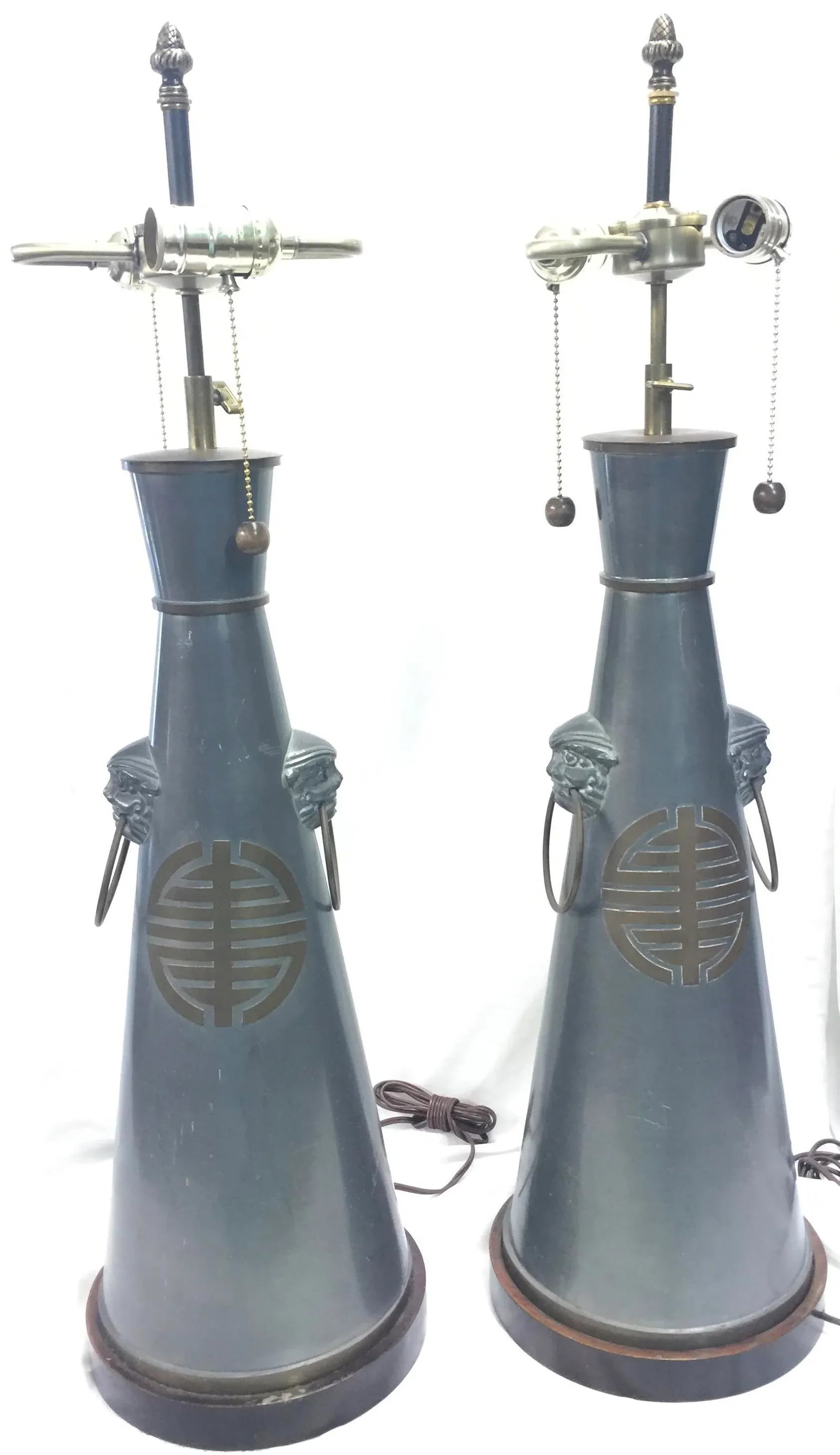 Pair of Vintage Chinese Pewter Lamps Trumpet Form - 11