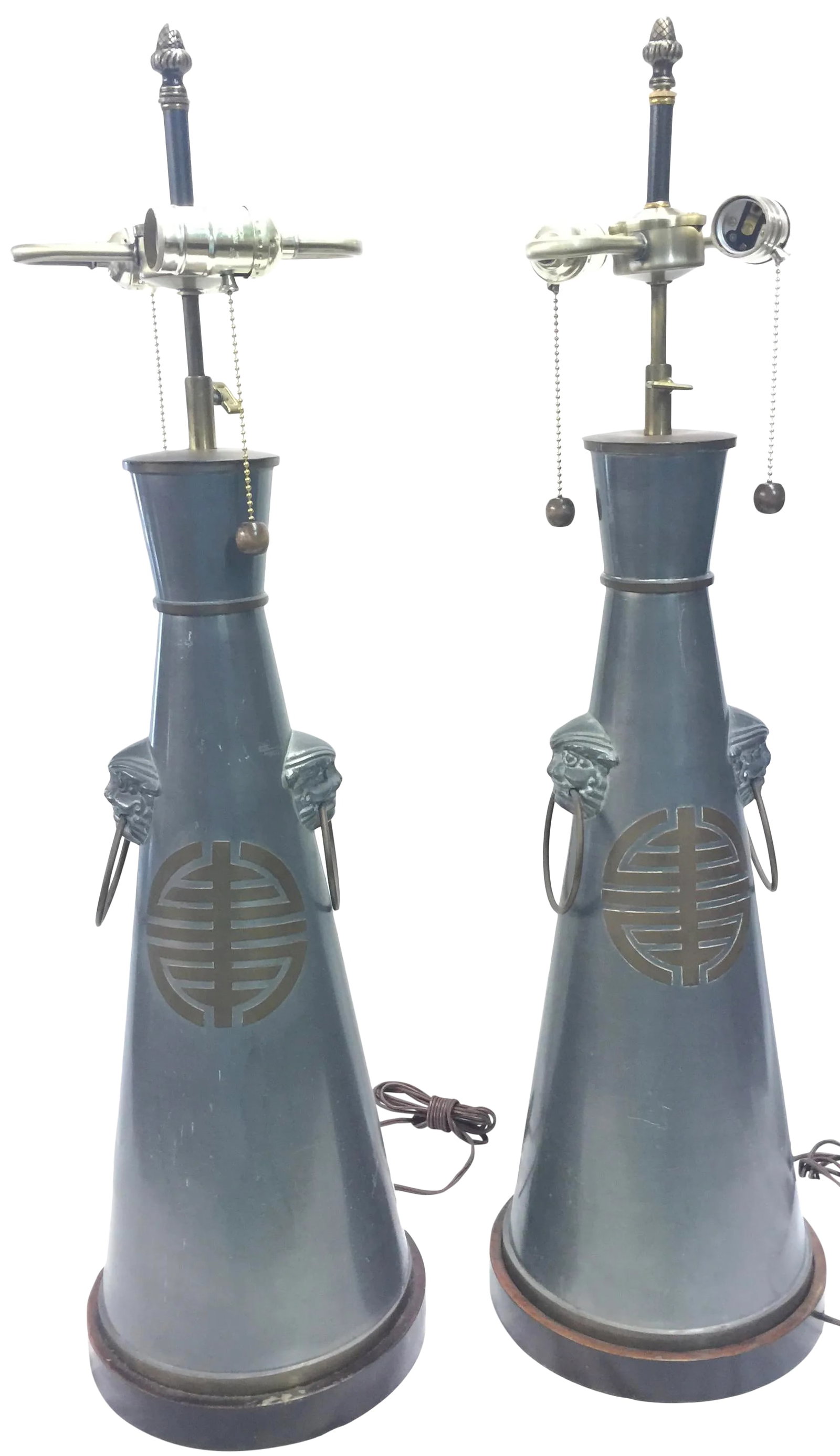 Pair of Vintage Chinese Pewter Lamps Trumpet Form: Dramatic Pair of Chinese Pewter Lamps, circa 1930, excellent condition, there are some scratches on the pewter, please see photos, the wiring and sockets are new. The lamps measure 31" tall x9" wide .