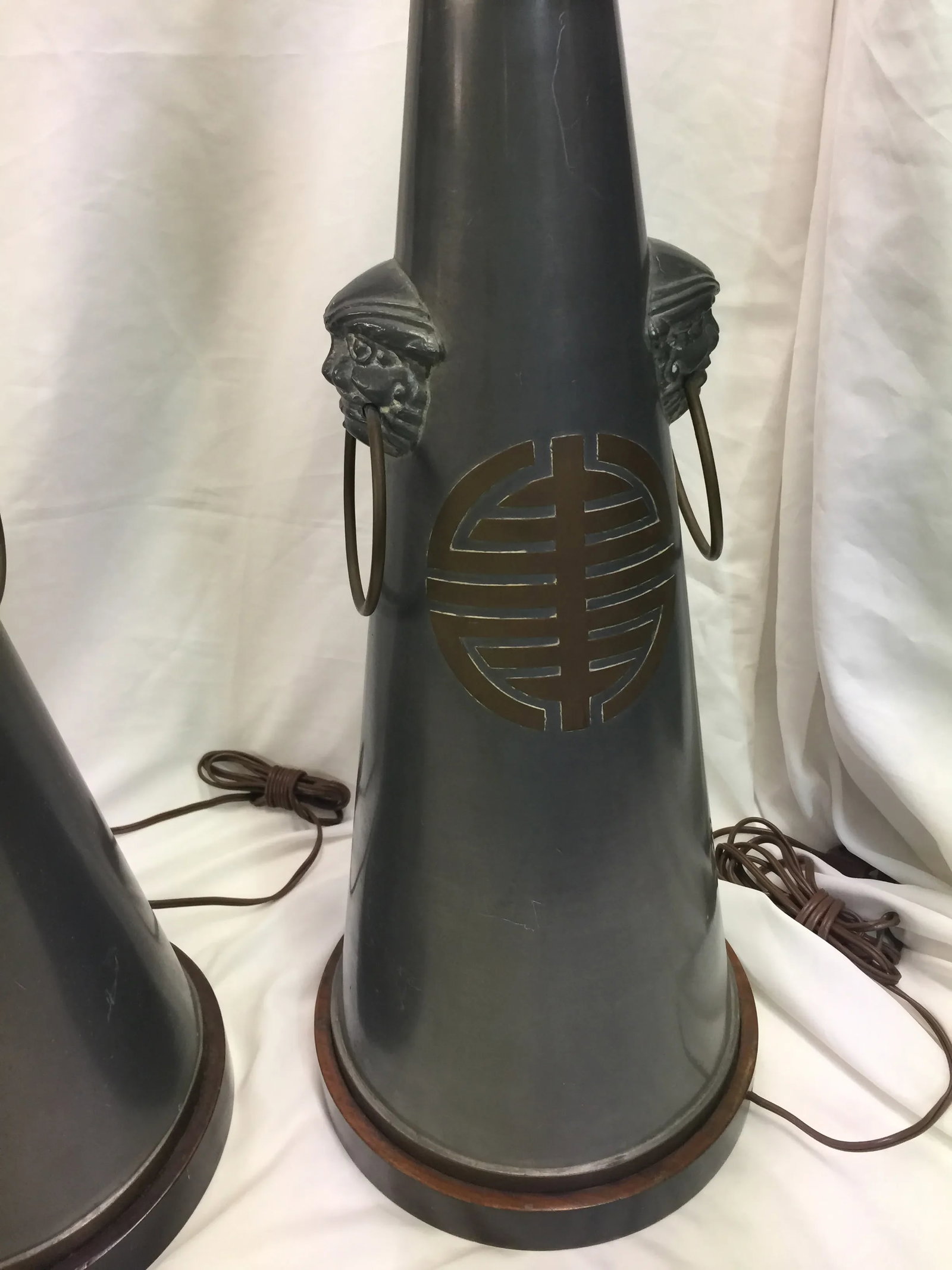 Pair of Vintage Chinese Pewter Lamps Trumpet Form - 3