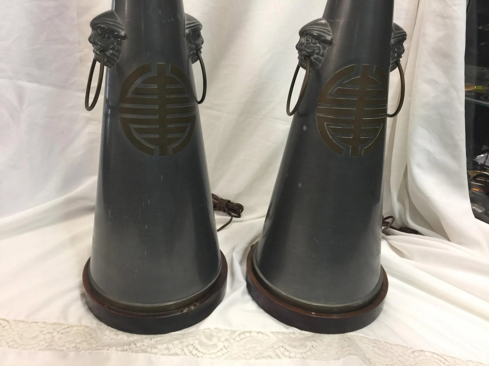 Pair of Vintage Chinese Pewter Lamps Trumpet Form - 9