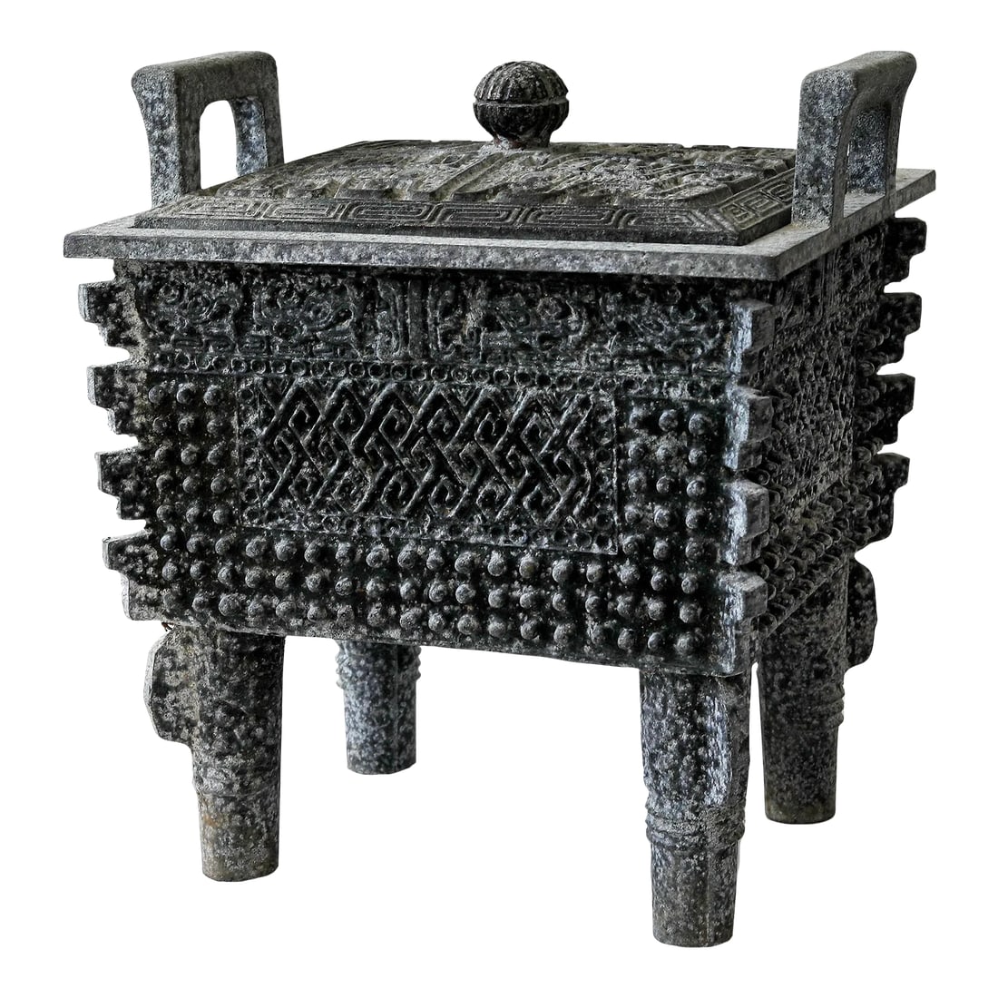 James Mont Ice Bucket: Vintage James Mont-style Shang Bronze Fang Ding ice bucket, featuring an intricate Asian-inspired cast aluminum design. Light green liner. . Condition: Alterations: Original Condition Unaltered Imperf
