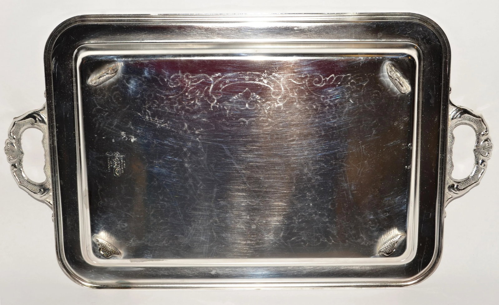 1970s Trademark Leonard Italy Silver Plate Victorian Footed Serving Tray 3 Forks Glass Inserts - 10