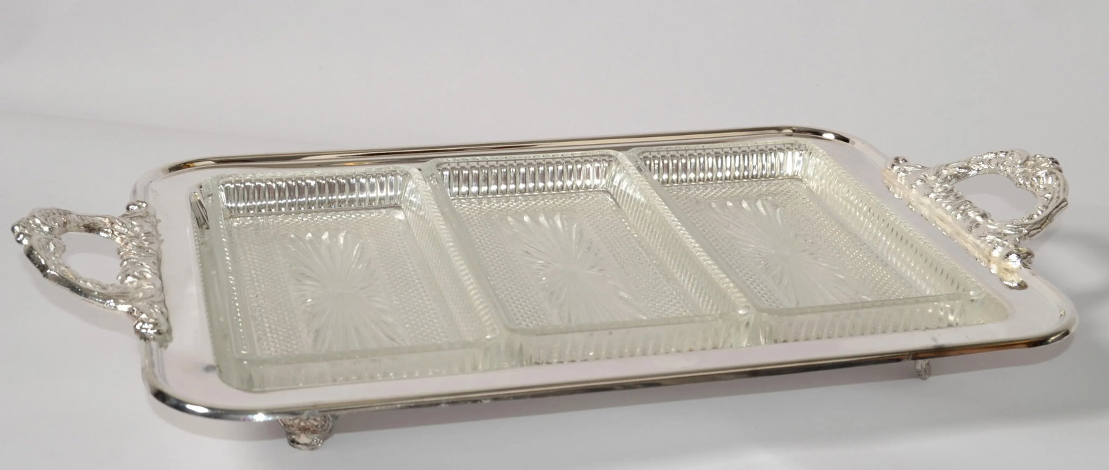 1970s Trademark Leonard Italy Silver Plate Victorian Footed Serving Tray 3 Forks Glass Inserts - 12