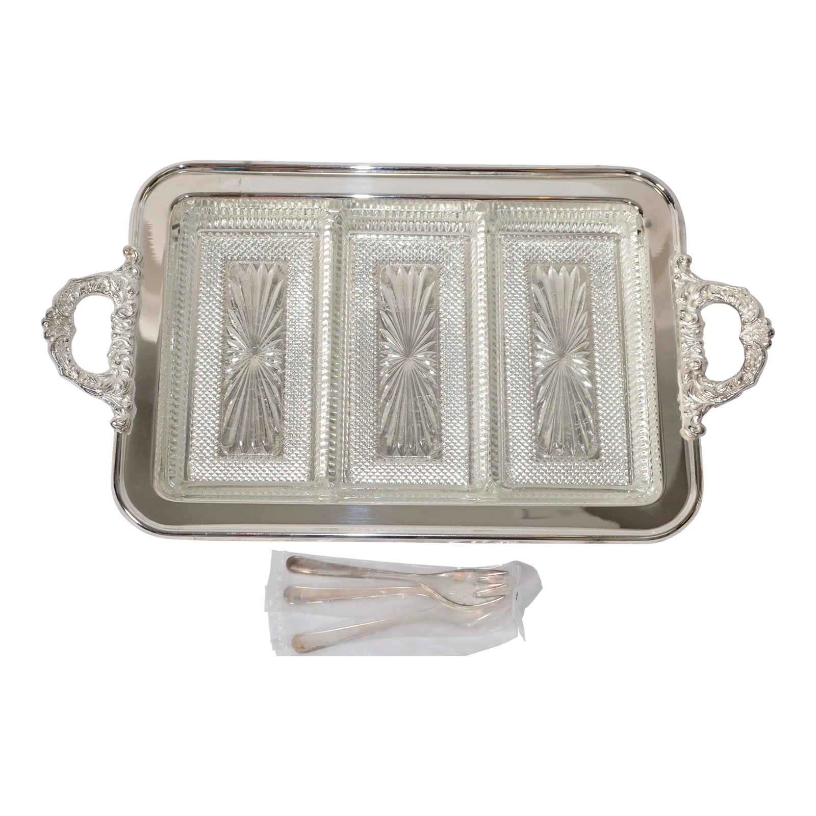 1970s Trademark Leonard Italy Silver Plate Victorian Footed Serving Tray 3 Forks Glass Inserts: Vintage Trademark Leonard Italy Silver Manufacturing Company Silver Plate 3 cut Crystal Glass Insert Relish, Appetizers, Snacks Footed Server with 3 Forks. This Serveware is in the Traditional