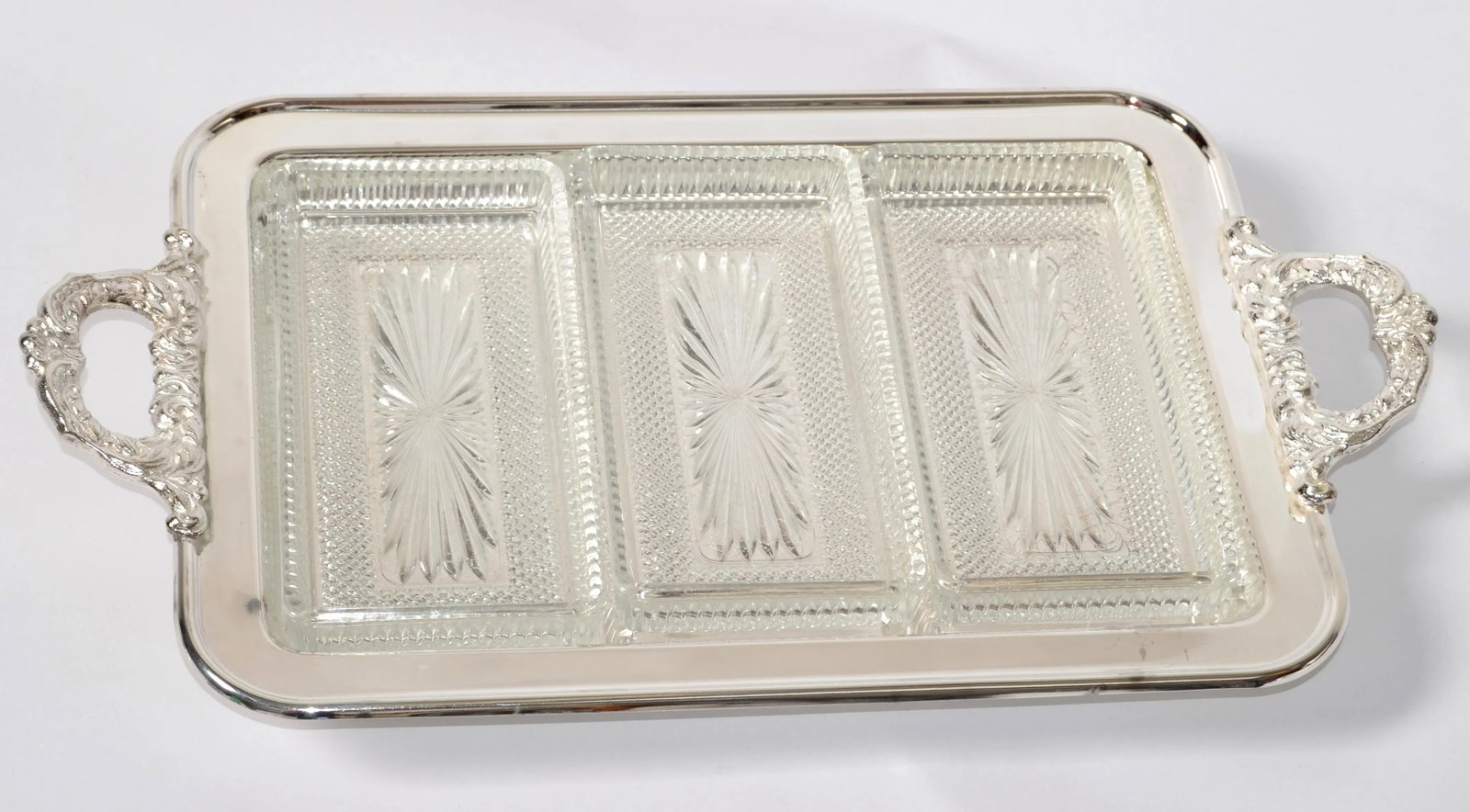 1970s Trademark Leonard Italy Silver Plate Victorian Footed Serving Tray 3 Forks Glass Inserts - 4