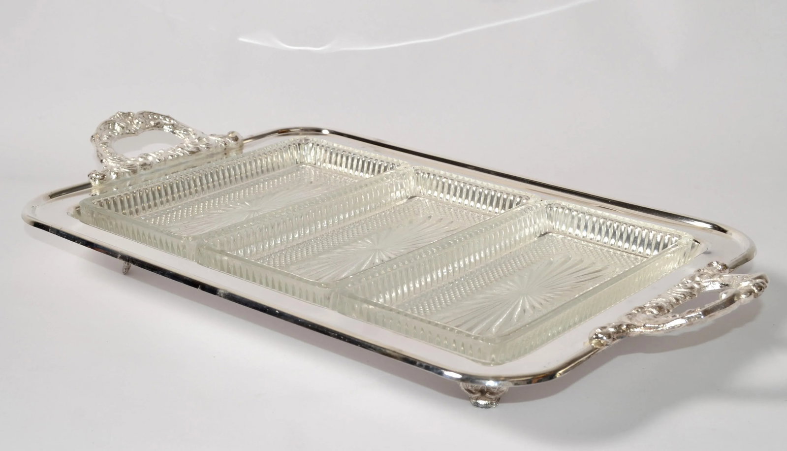 1970s Trademark Leonard Italy Silver Plate Victorian Footed Serving Tray 3 Forks Glass Inserts - 6