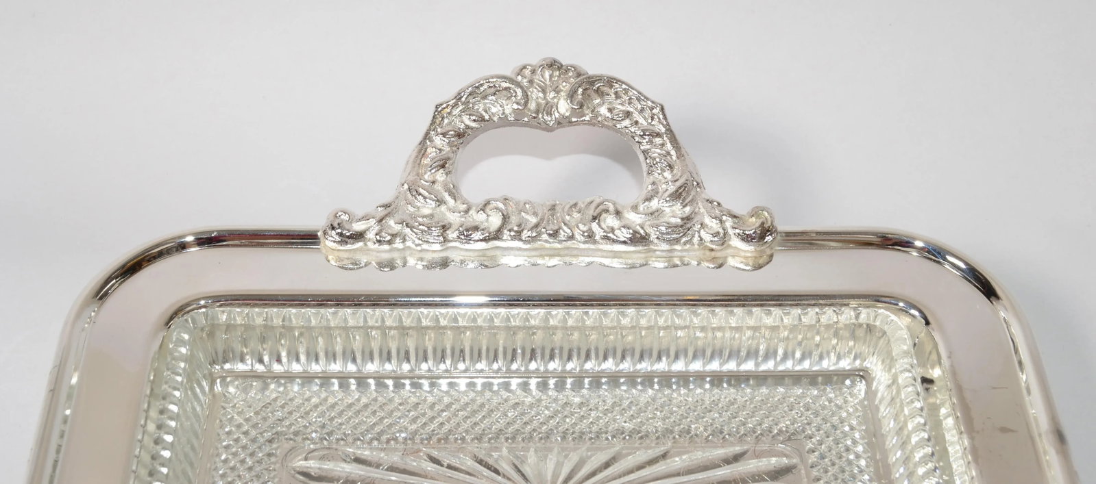 1970s Trademark Leonard Italy Silver Plate Victorian Footed Serving Tray 3 Forks Glass Inserts - 9
