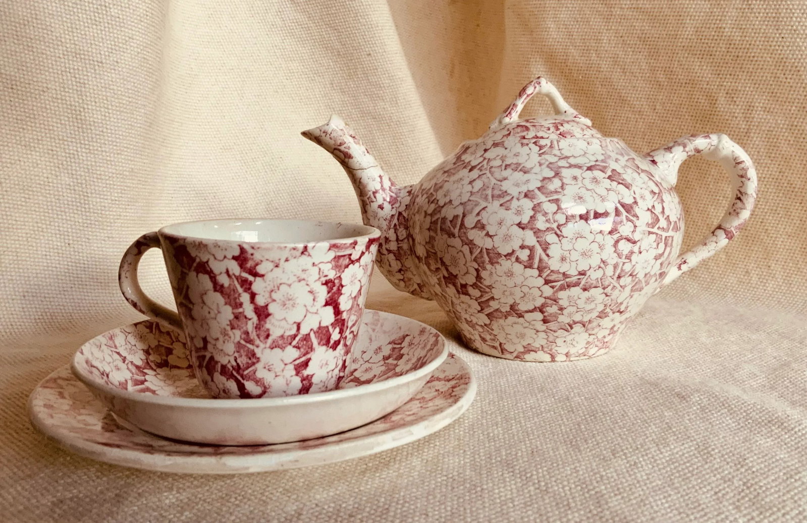 Antique Staffordshire Child's Tea Set, British Anchor Pottery, Apple Blossom Pattern, Circa 1850 - 2