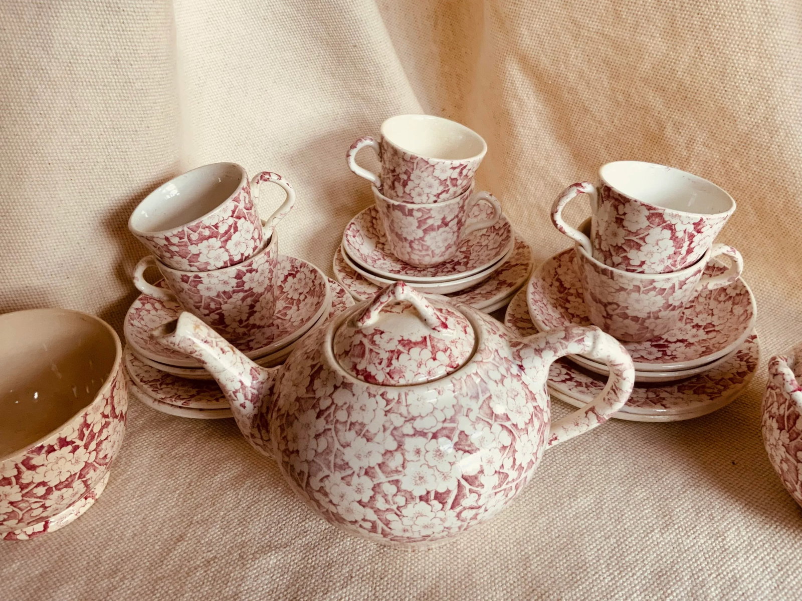 Antique Staffordshire Child's Tea Set, British Anchor Pottery, Apple Blossom Pattern, Circa 1850 - 6