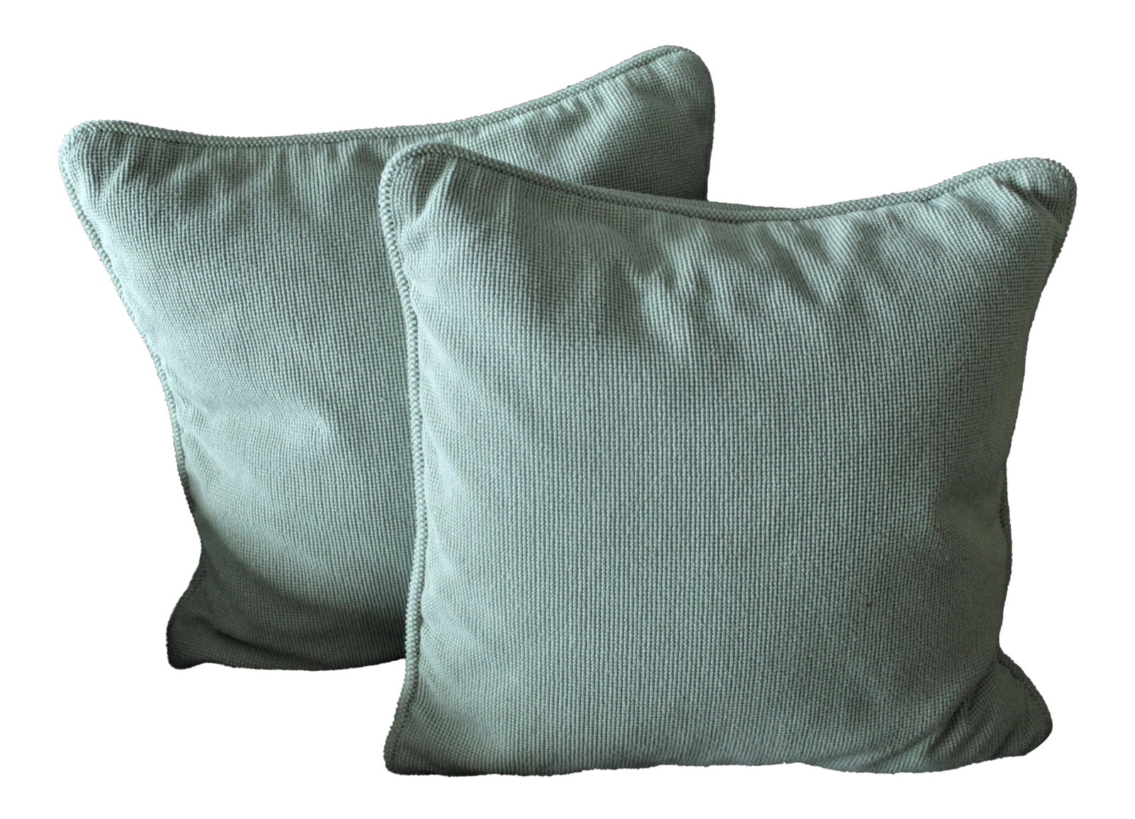 18" Sea Foam/Polar Blue Large Loop Rayon Fabric Pillows - A Pair: CORRECTION TO SHIPPING TIME, THIS IS SELLER SHIPPING, ARRIVAL TIME IS 4-10 DAYS FROM PURCHASE DATE. A vintage Mitchell Gold custom pair of 18" by 18" pillows circa 2002. A large loop cotton rayon,