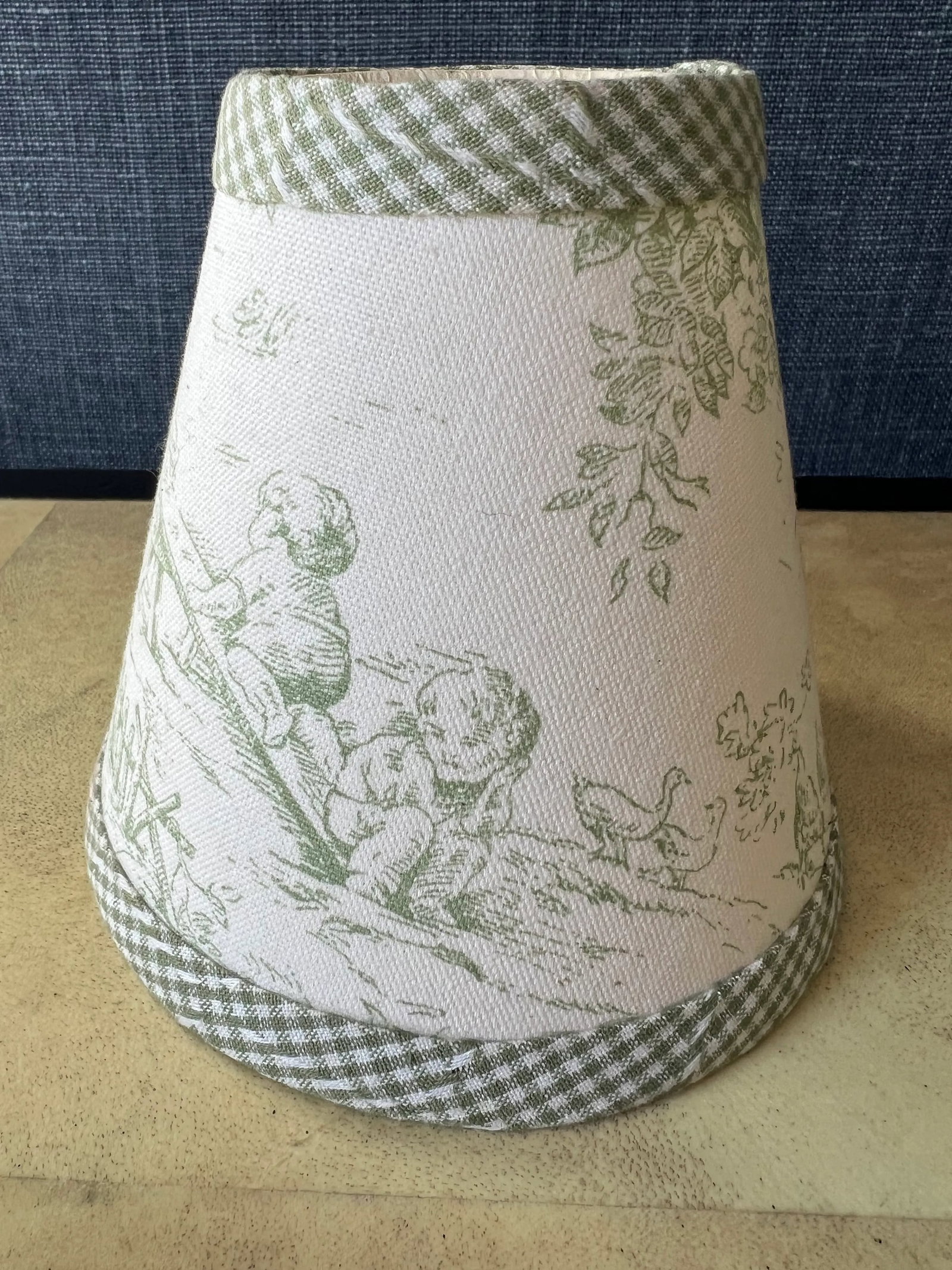 Set of 3 Green Toile Clip on Lamp Shades for Chandeliers or Sconces With Gingham Trim - 2