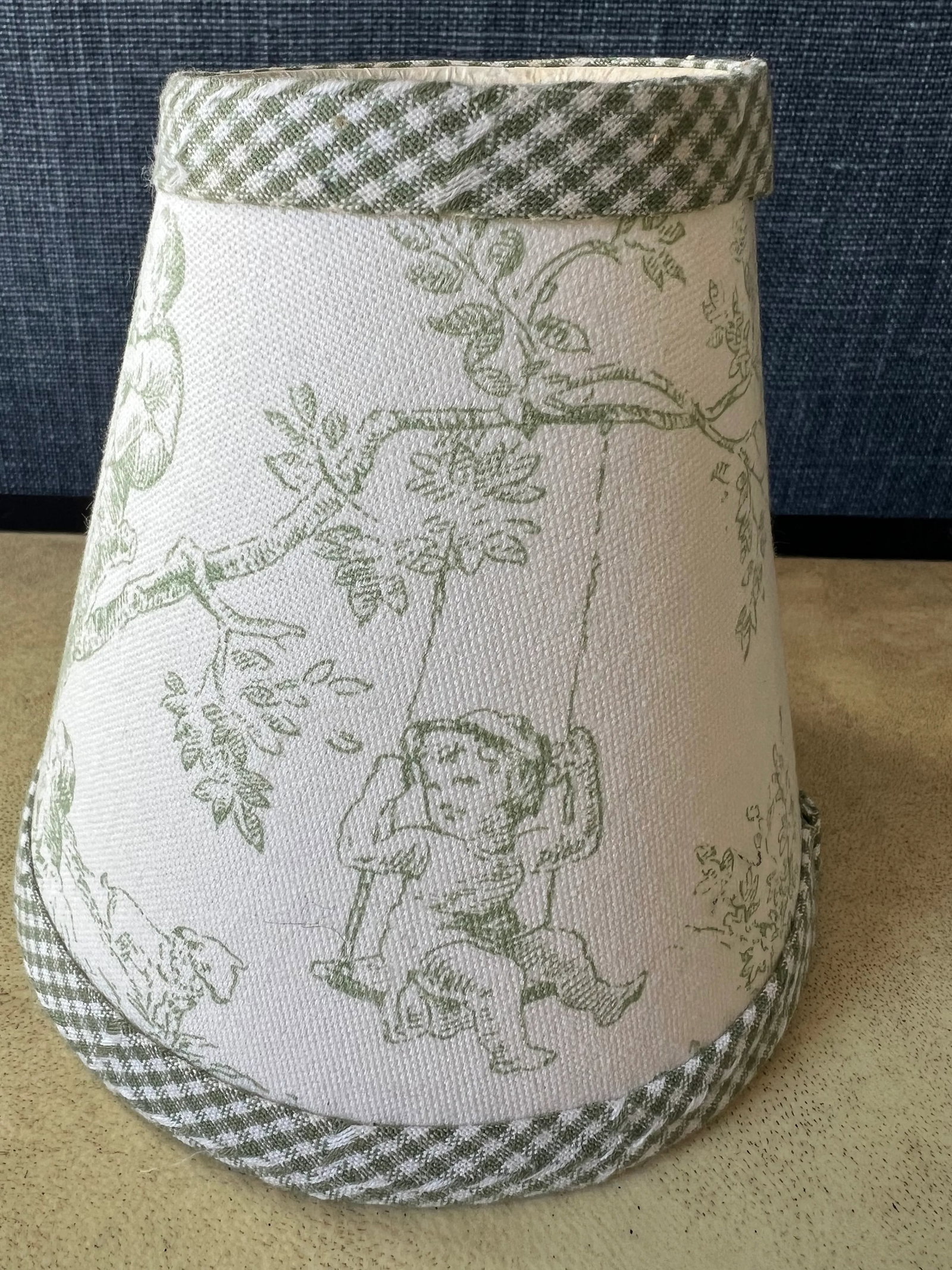Set of 3 Green Toile Clip on Lamp Shades for Chandeliers or Sconces With Gingham Trim - 3