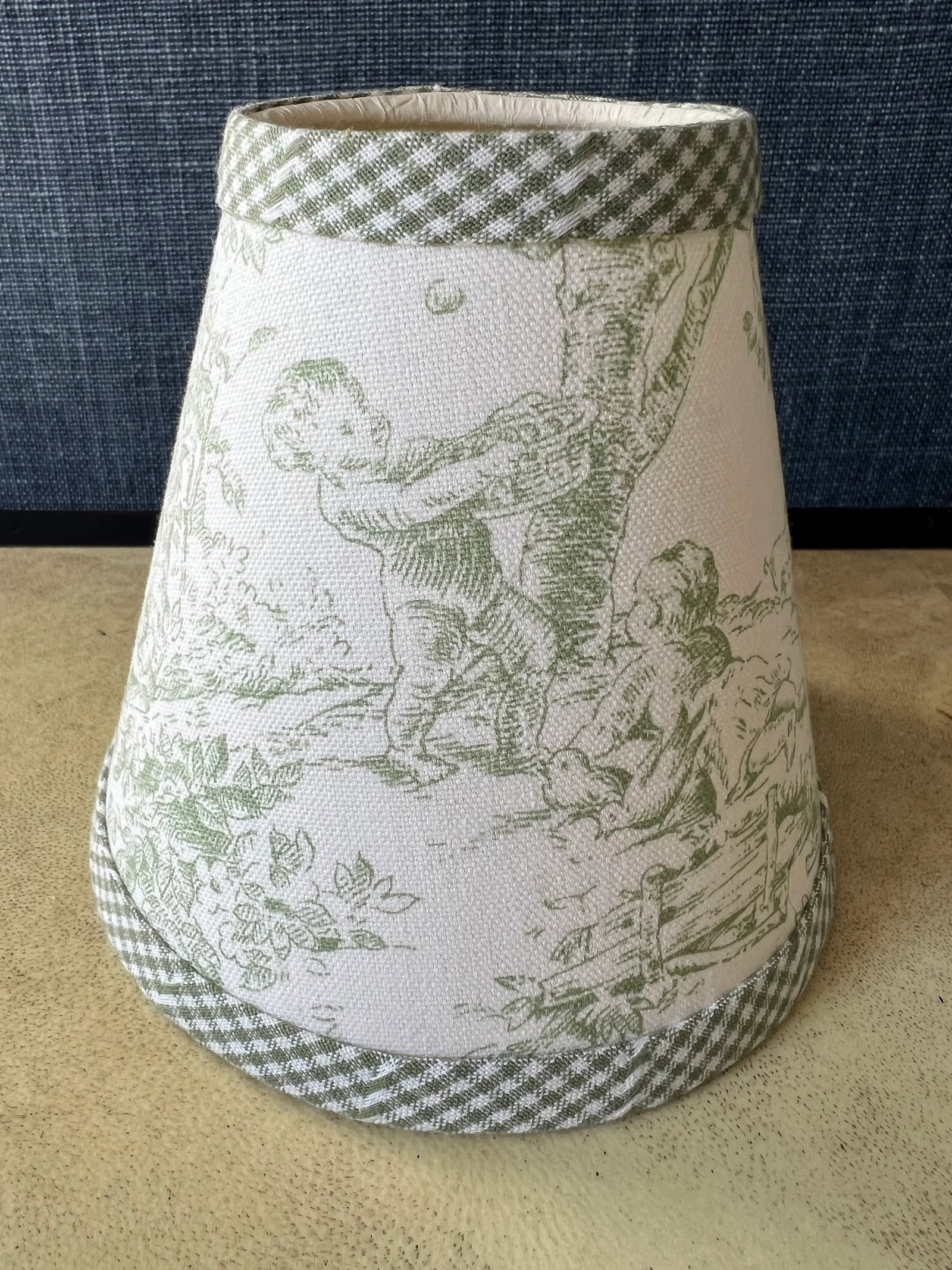Set of 3 Green Toile Clip on Lamp Shades for Chandeliers or Sconces With Gingham Trim - 4