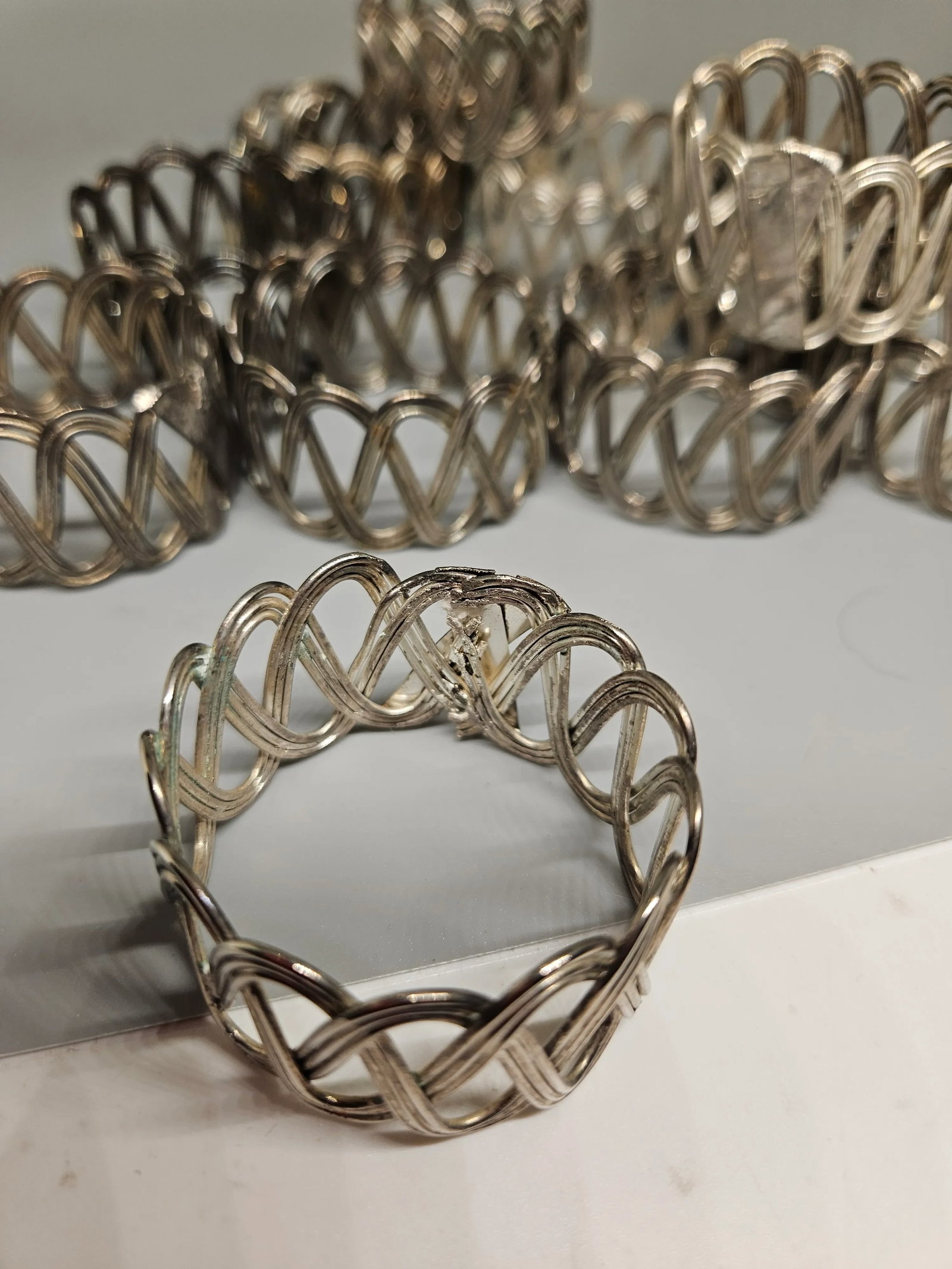 Vintage Hammered Silver Metal Napkin Rings Geometric Design, Set of 12 - 4