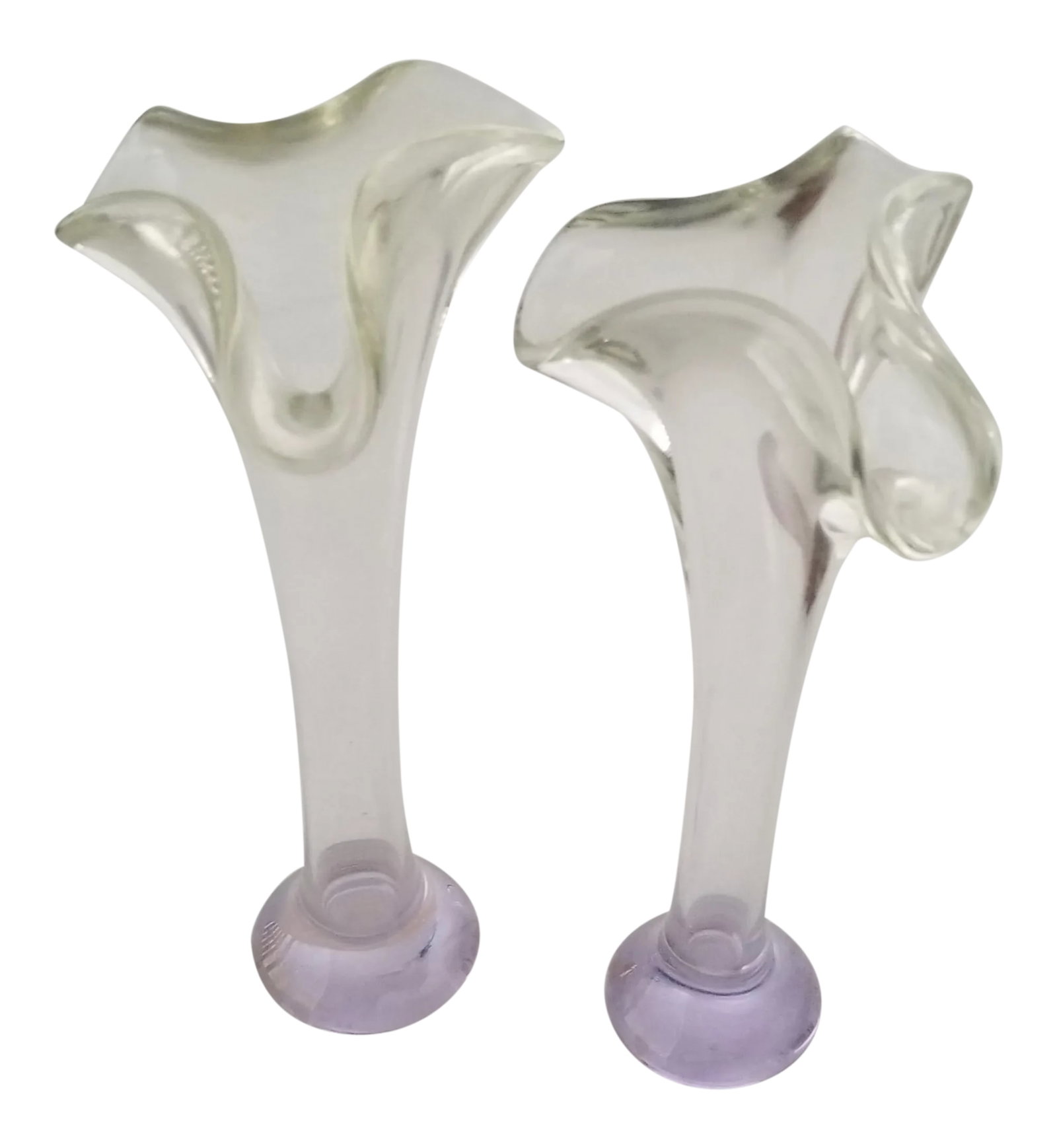Fluted Ruffled Bud Vases Hand Blown Depression Glass With Lavender Tinge - a Pair: We love this extraordinary pair of depression glass bud vases for their thickness, unmatched triple ruffle fluted rims and subtle amethyst cast to the bases when light streams through. Adorn your