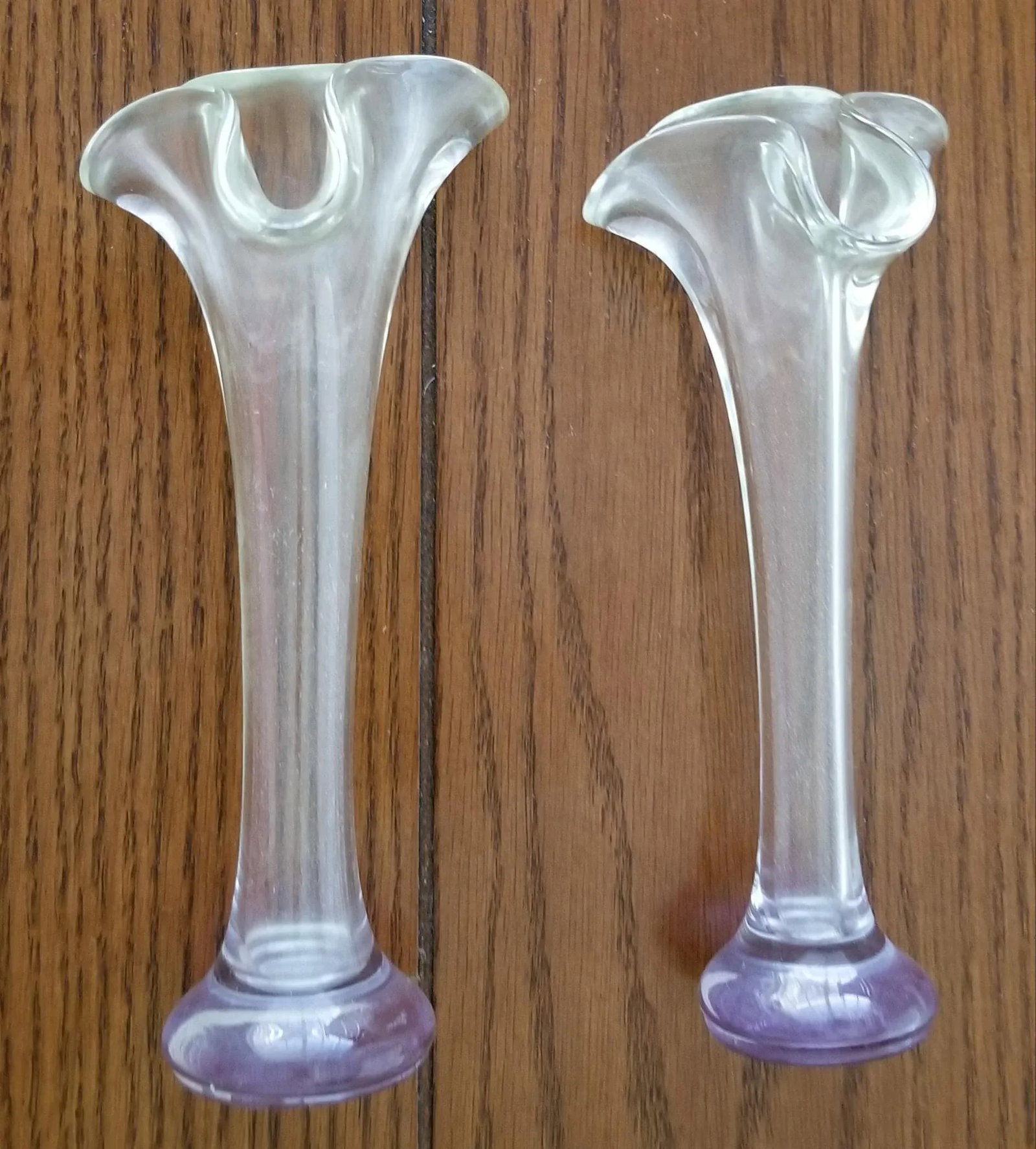 Fluted Ruffled Bud Vases Hand Blown Depression Glass With Lavender Tinge - a Pair - 5