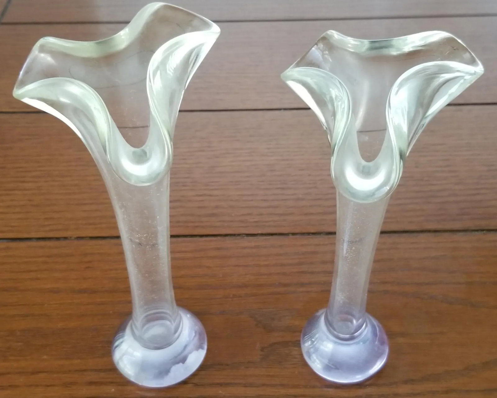 Fluted Ruffled Bud Vases Hand Blown Depression Glass With Lavender Tinge - a Pair - 6