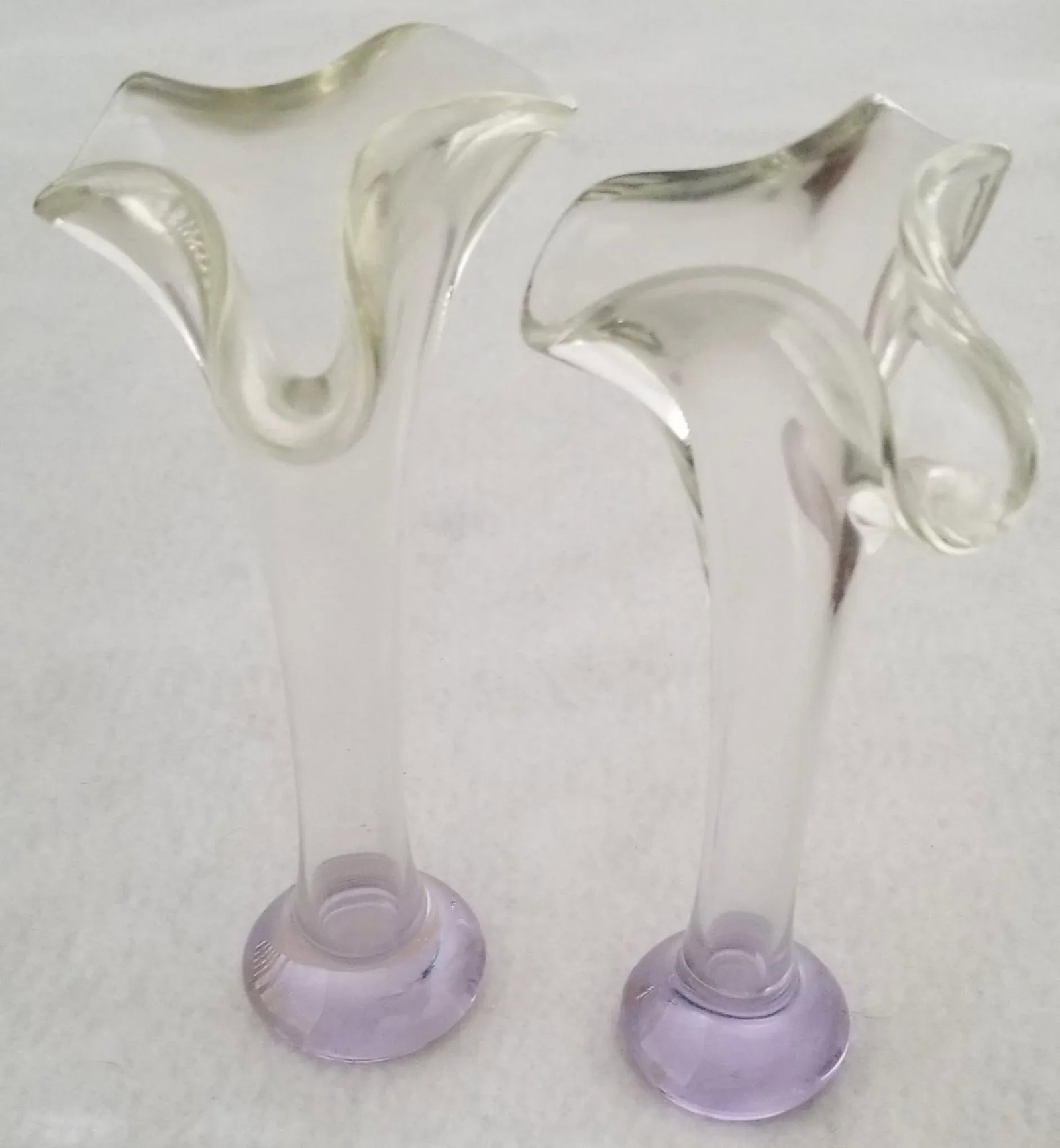 Fluted Ruffled Bud Vases Hand Blown Depression Glass With Lavender Tinge - a Pair - 7