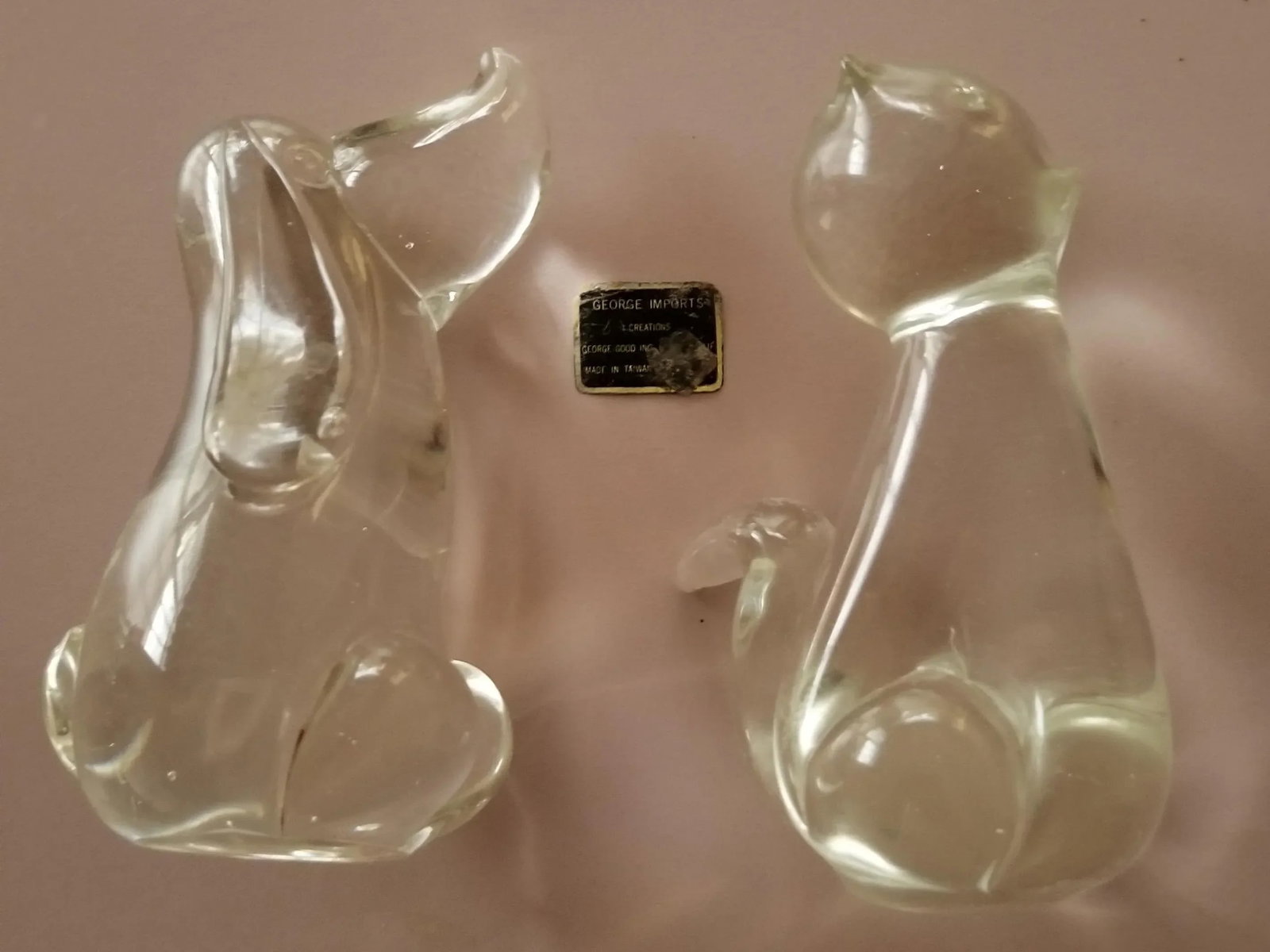 Basset Mid-Century Modern Glass Dog & Cat Figurines/Paperweights - a Pair - 12