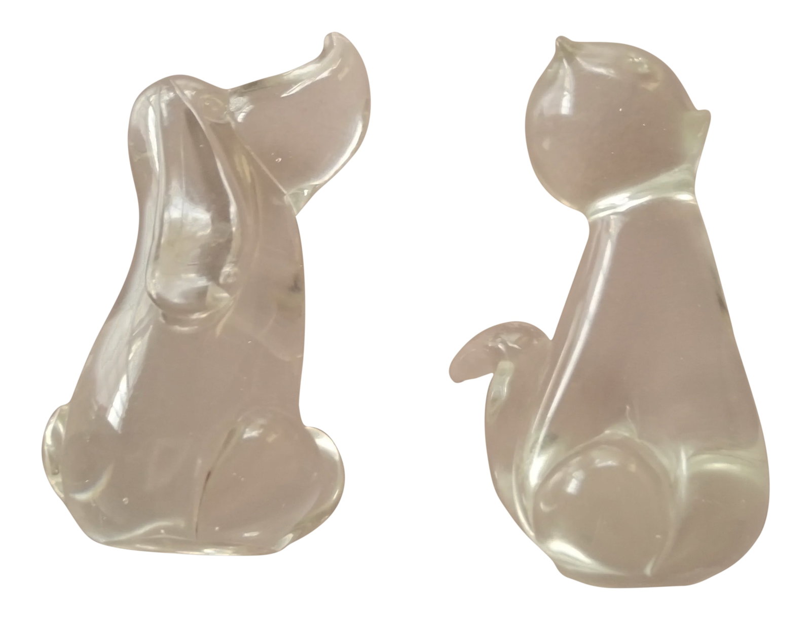 Basset Mid-Century Modern Glass Dog & Cat Figurines/Paperweights - a Pair: We love this extraordinary pair of Mid-Century Modern dog and cat transparent glass figurines paperweights for their detail, durability and perfect condition. The sticker that is partly discernable