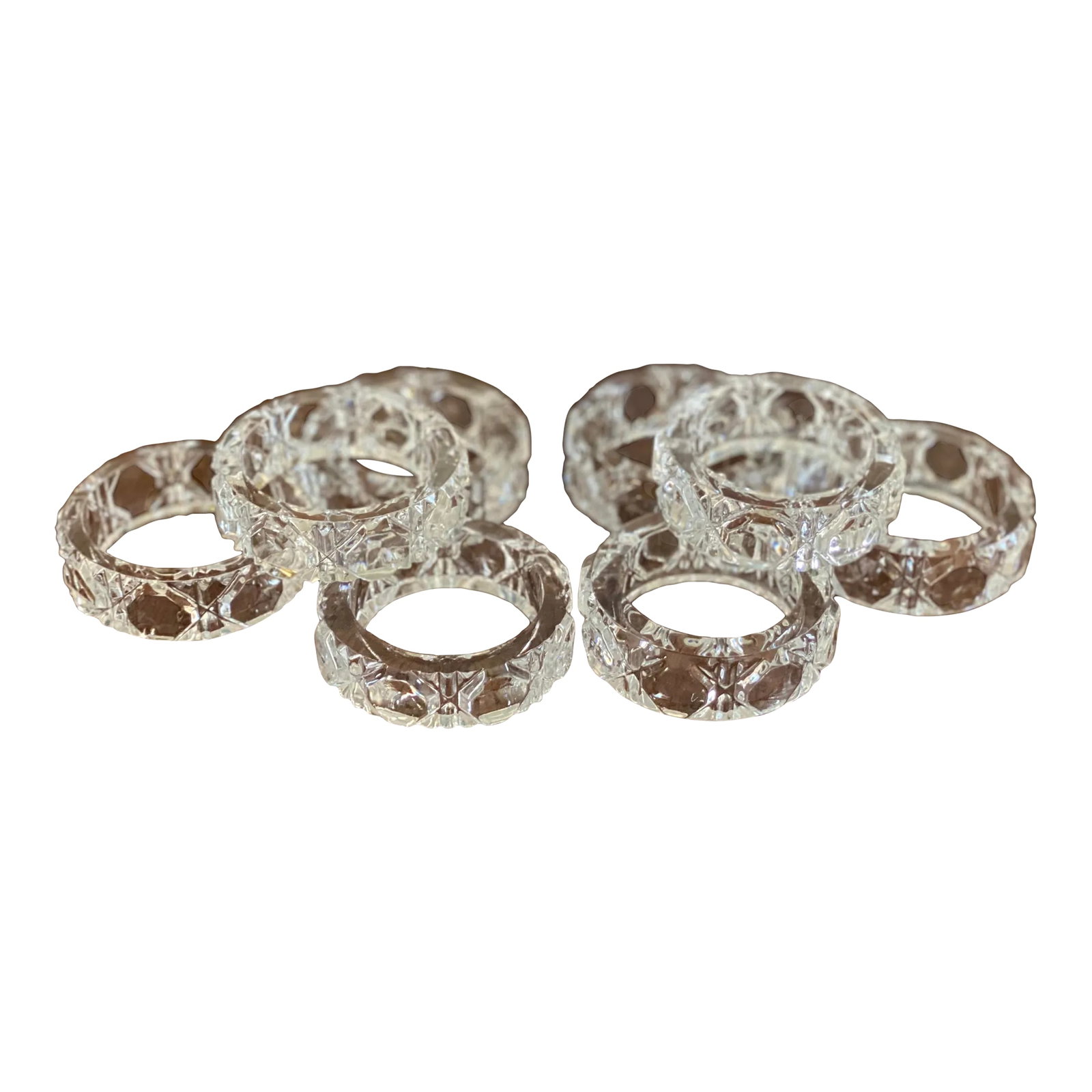 1970s Glass With Fretwork Napkin Rings- Set of 8: Beautiful set of eight glass napkin rings! These have great details that will elevate any table setting. Condition: Alterations: Original Condition Unaltered Imperfections: Some Imperfections