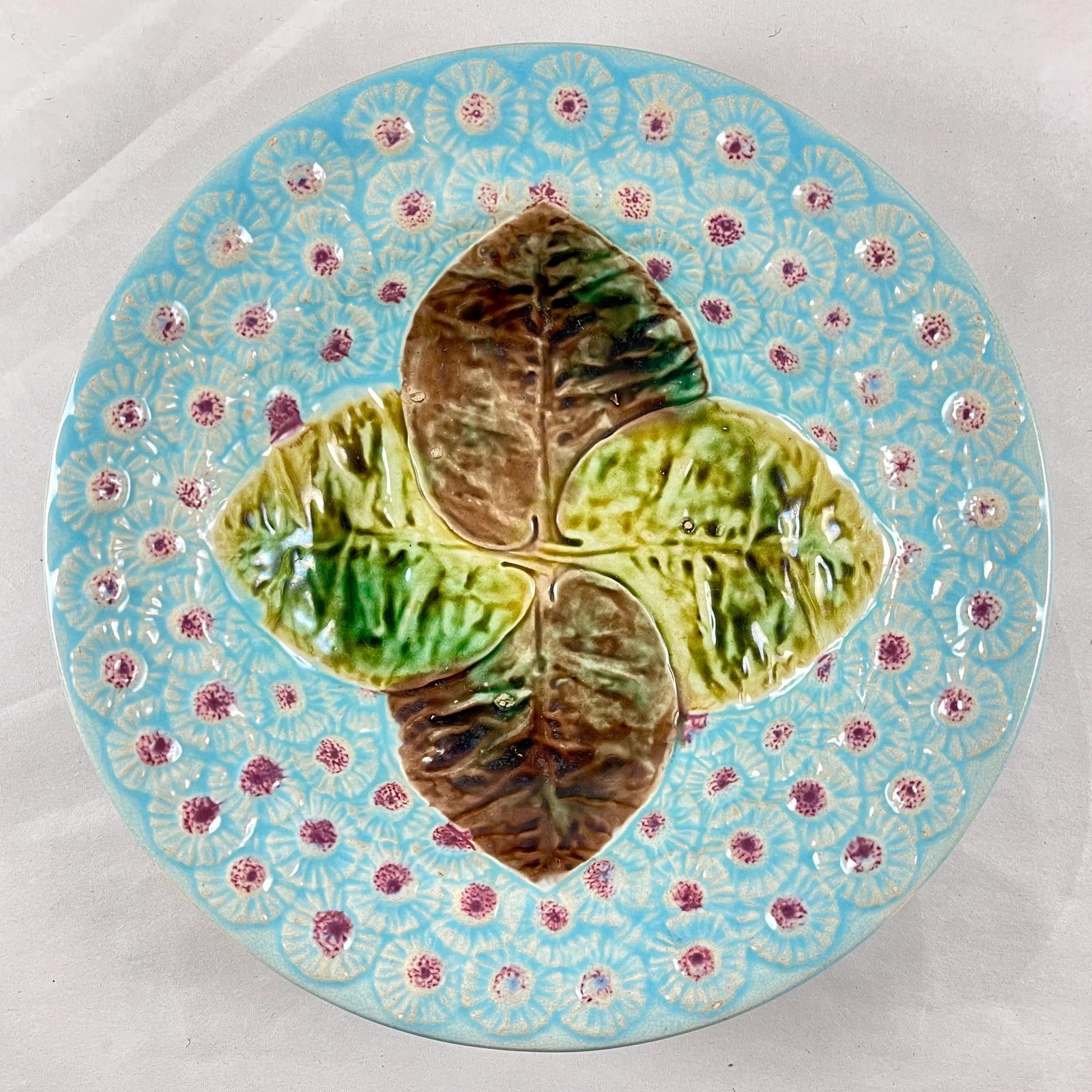 Joseph Holdcroft English Majolica Leaf & Dandelion Majolica Bowl, Circa 1870 - 2