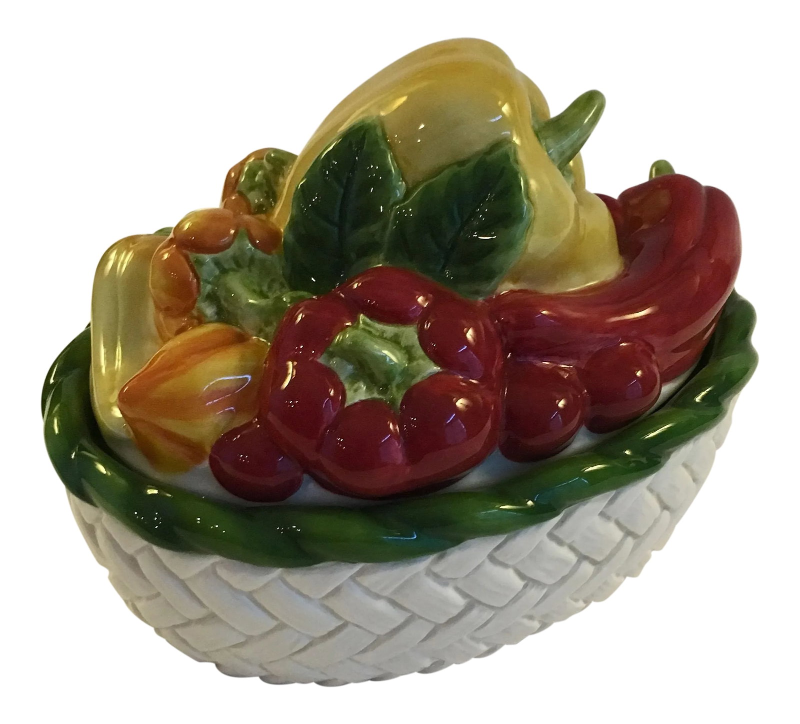 Mid 20th Century Fitz and Floyd Vegetable Motif Covered Dish: Whimsical covered dish from the vintage Pepper Gourmet collection of the renown Fitz and Floyd company. The bowl appears to be filled with yellow, orange and red sweet and chili peppers, with green