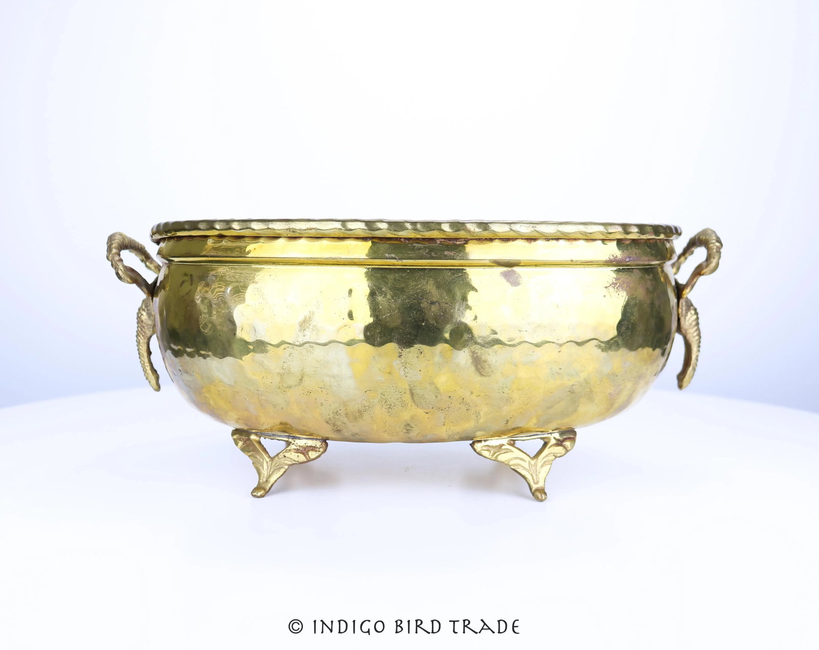 Large Vintage Hammered Brass Planter With Elephant Handles - 2