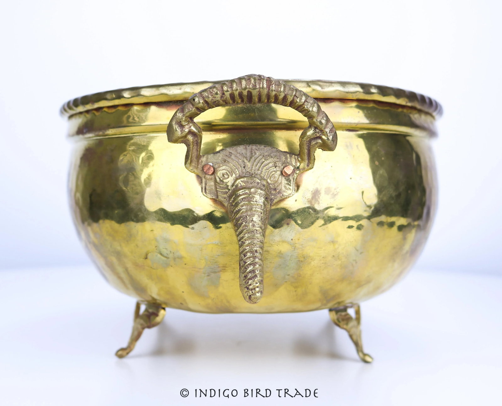 Large Vintage Hammered Brass Planter With Elephant Handles - 6