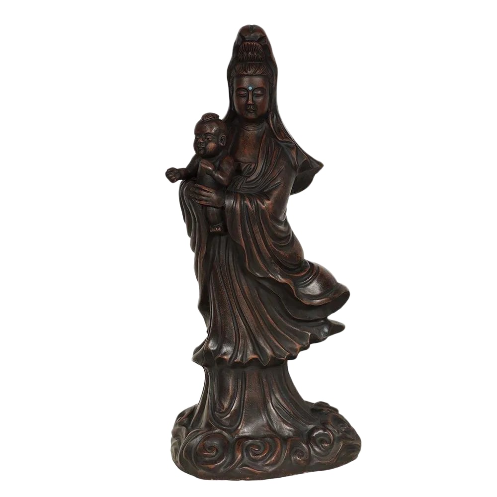 1950s Vintage Chinese Carved Purple Clay Kwan Yin Statuary: Look at this magnificent Vintage Chinese Carved Kwan Yin Statuary. It shows very detailed hand carving works and wonderful clay pottery technic on it. It is all hand made and hand carved Children - Se