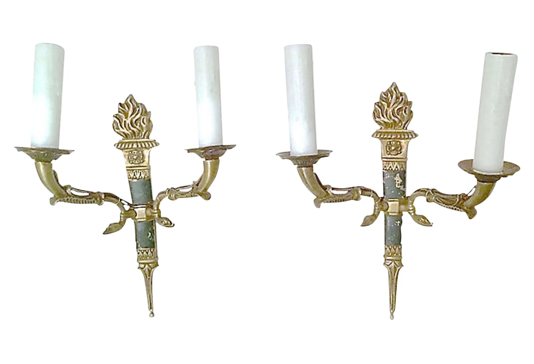 Antique French Empire Torch & Swan Sconces - a Pair: Pair of antique Empire-style brass sconces with flaming torches adorning the backplates and swan necks supporting the candle arms. Wired and in working condition with wax candle sleeves; each sconce