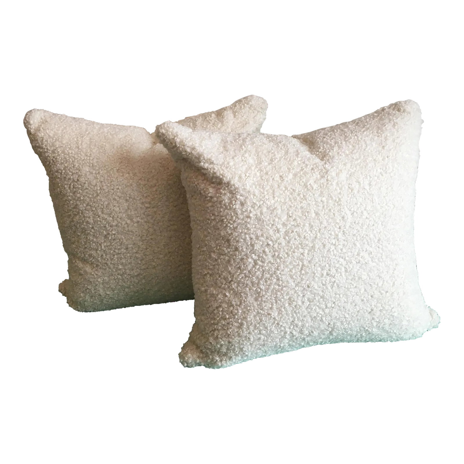 Ivory Teddy Boucle Pillows With Inserts- a Pair: Custom-made pillows using timeless Pindler fabric, in a super soft teddy boucle like , textured fabric in solid ivory (100% polyester). 22" square with knife edge and zippered closure. Inserts