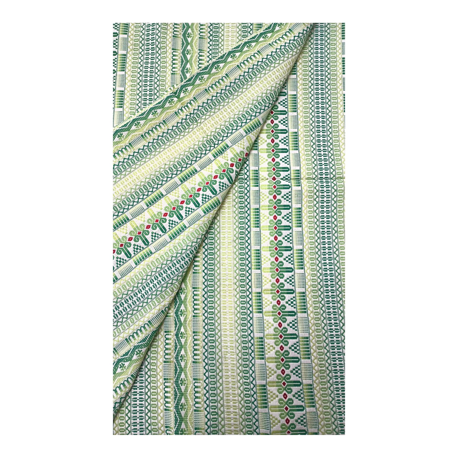Vintage Swedish Design Handwoven Textile 3 Yard Piece: Beautiful vintage textile piece, hand woven in shades of spring green with a pop of red on a cream ground. Cotton. Three yards at 34" wide. One end has selvedge, the other is turned and basted to