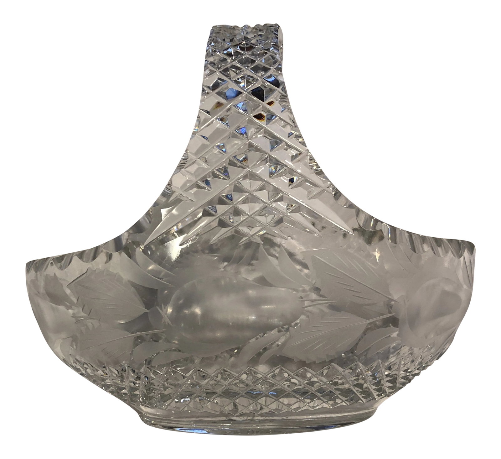 Crystal Fruit Basket: Cut crystal bowl/basket with etched pear around top edge. Condition: Alterations: Original Condition Unaltered Imperfections: Some Imperfections Condition Notes: Cut crystal bowl/ basket I believe