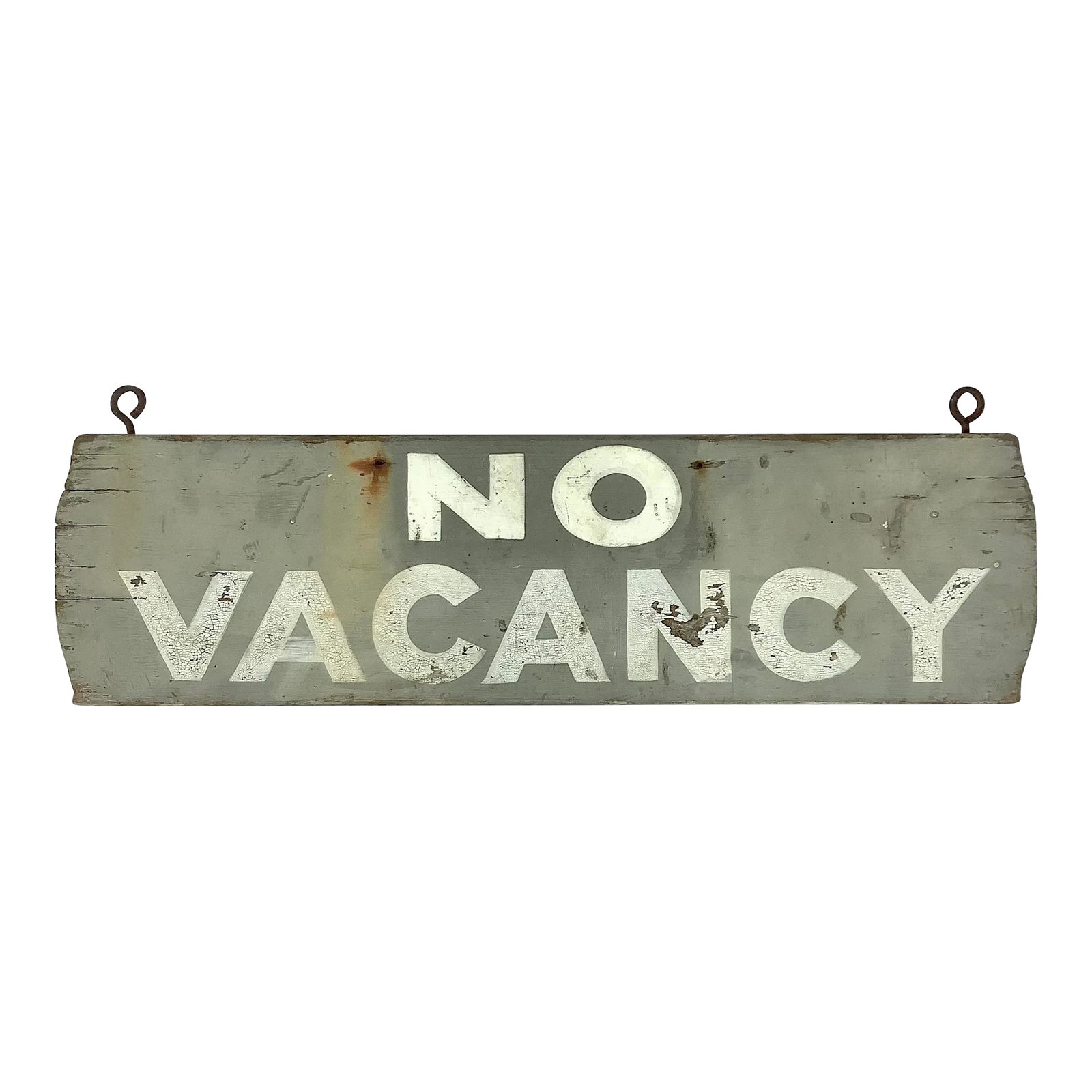 Circa 1940s Wood No Vacancy Sign - Two Sided: Circa 1940s two sided wood hand lettered No Vacancy sign found in Maine. Sign has original eye hooks for hanging. Sign has discolorations, paint loss, scratches. Condition: Alterations: Original