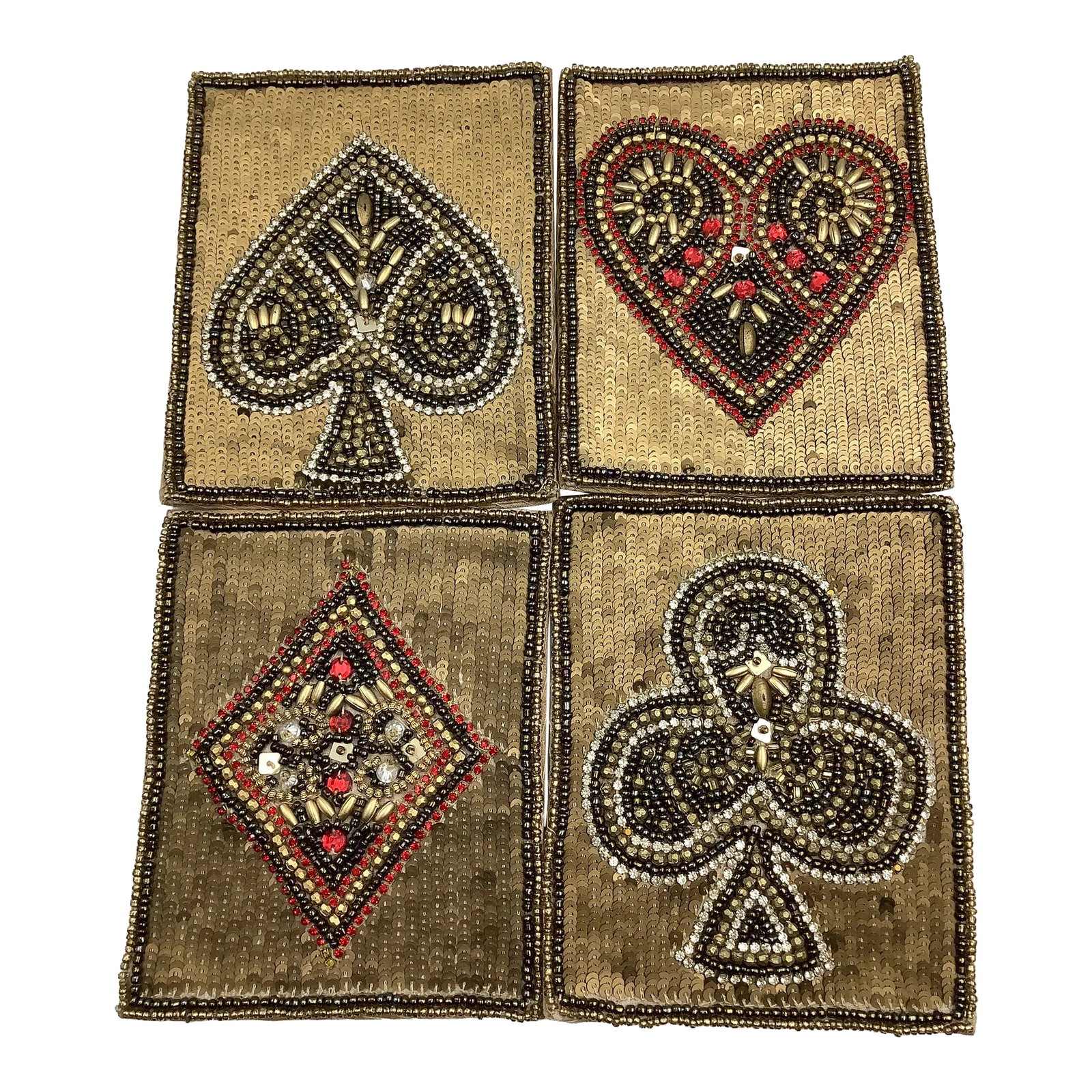 Kim Seybert Playing Card Sequins Beaded Coasters - Set of 4: A never used set of Kim Seybert sequins and beads coasters in the playing card/poker motif. They measure 5" x 4". Condition: Imperfections: No Imperfections Condition Notes: New, never used condition