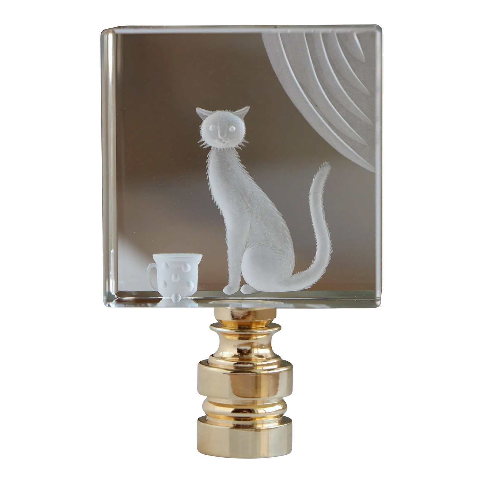 Crystal Cat Lamp Finial on Golden Brass Hardware: Lamp finial crafted from a handcarved reverse cut crystal element topping a golden brass swivel base sized to fit a standard-size lamp harp with a 1/4" stem. Artist signed. Condition: Imperfections: