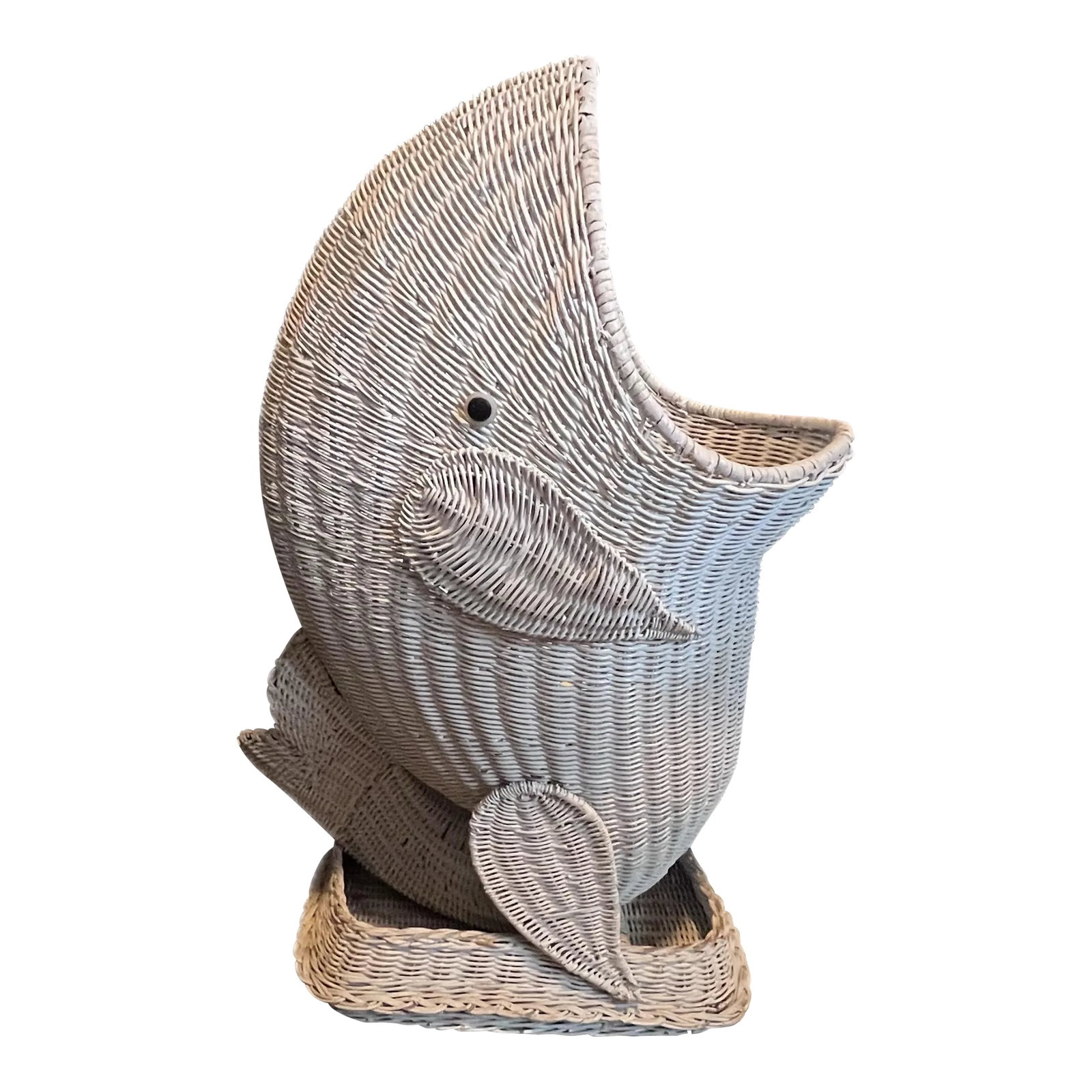 Vintage Wicker Whale Planter in White: Vintage white wicker whale. Sculptural plant stand. Perfect for you Coastal Chic Home. Animal Sculpture. Mid Century Modern (MCM). Condition: Alterations: Original Condition Unaltered Imperfections: