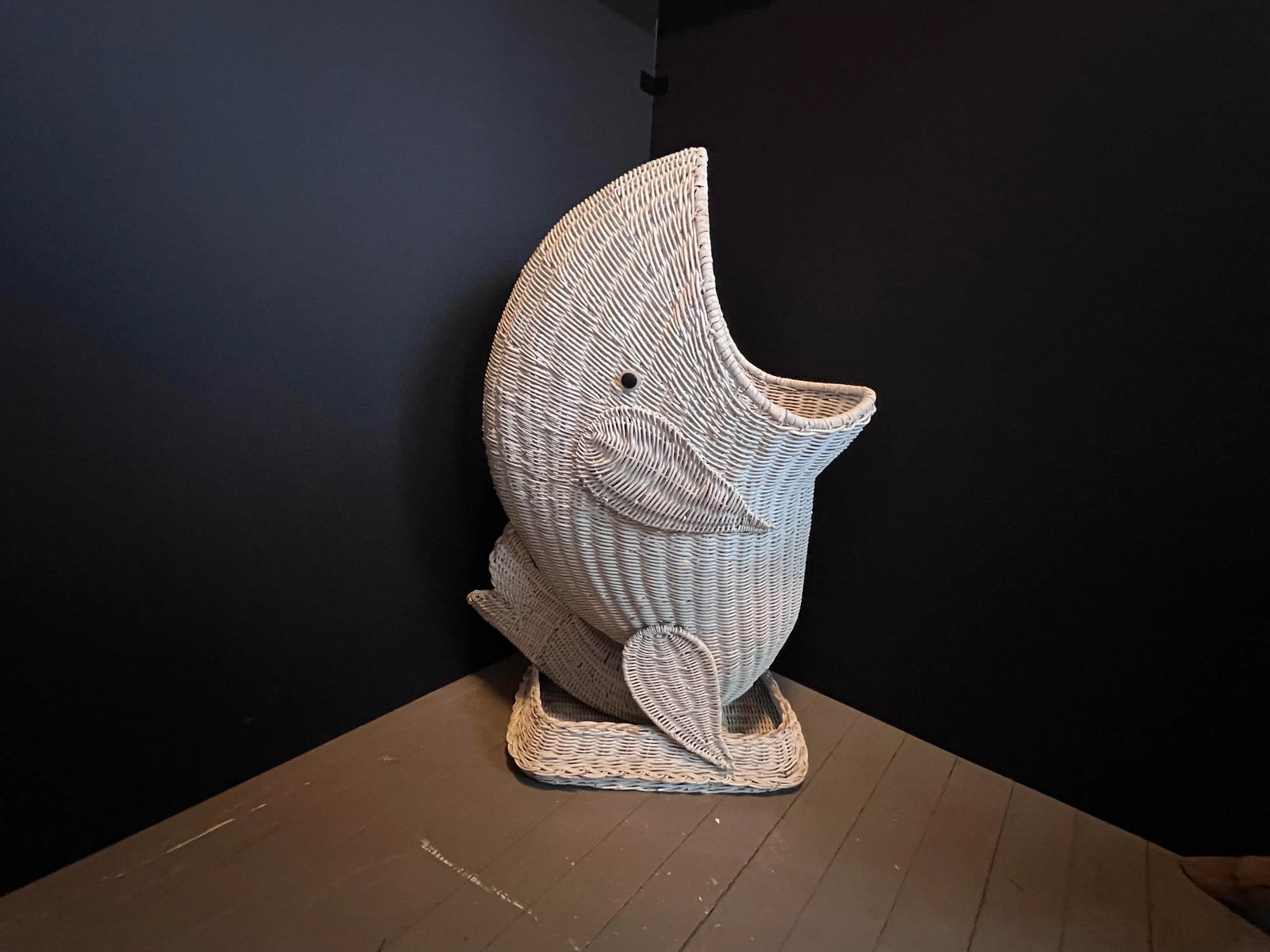 Vintage Wicker Whale Planter in White - 2