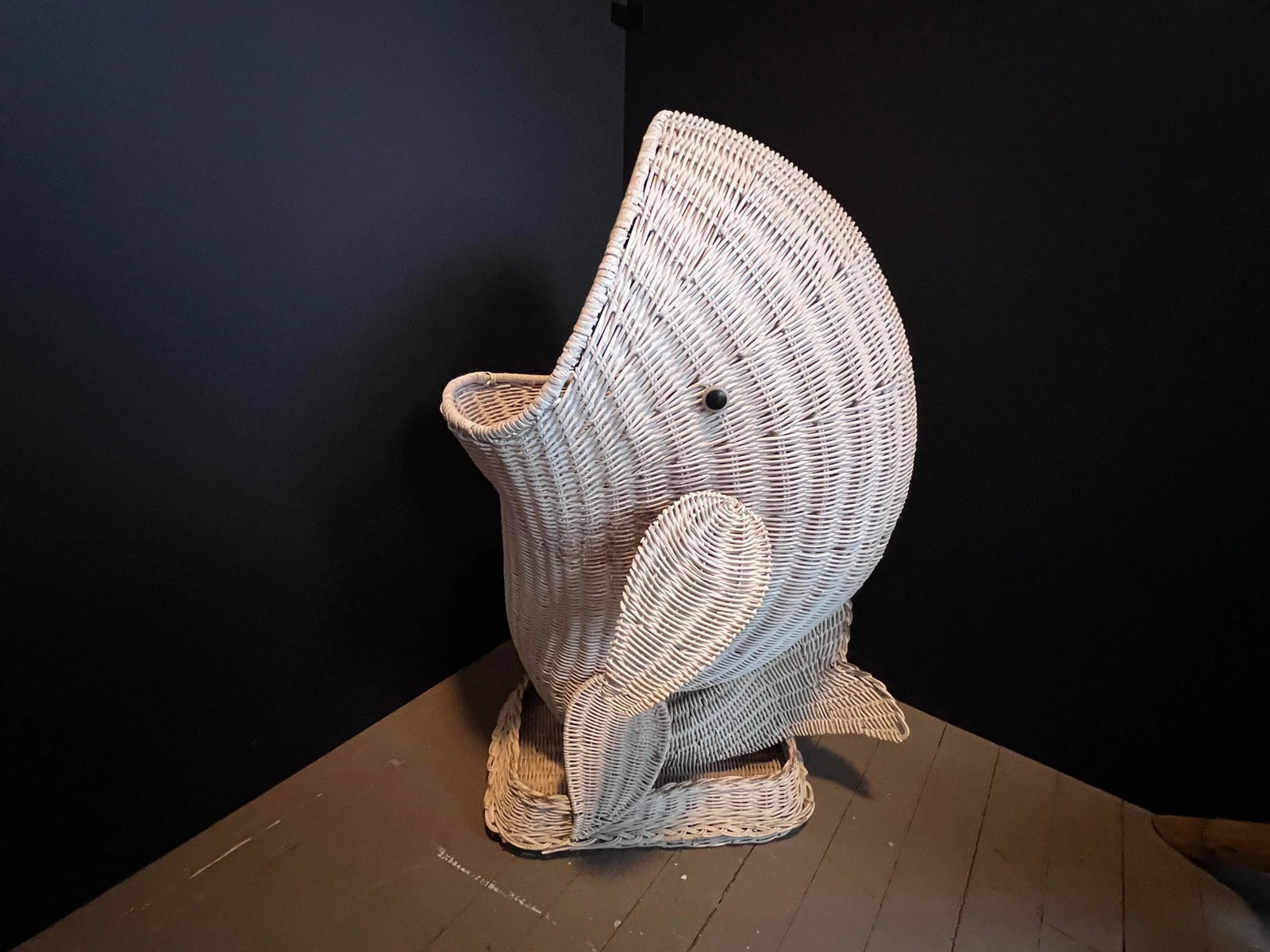 Vintage Wicker Whale Planter in White - 3