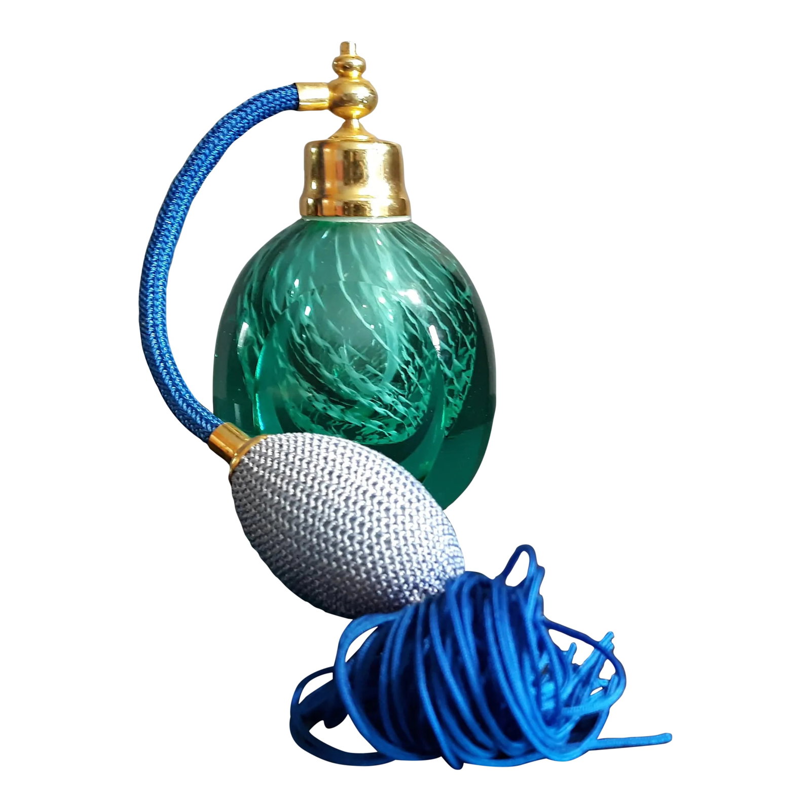 1990s Art Glass Imports Green & Blue Golden Accent Perfume Optimizer: This heavy blown glass has a detailed inner glass that holds your favorite perfume. Measures approx. 5"H x 3"W x 2 1/4"D Wt. 1lb 3.4oz Very good condition with bulb showing some fading from sun. No