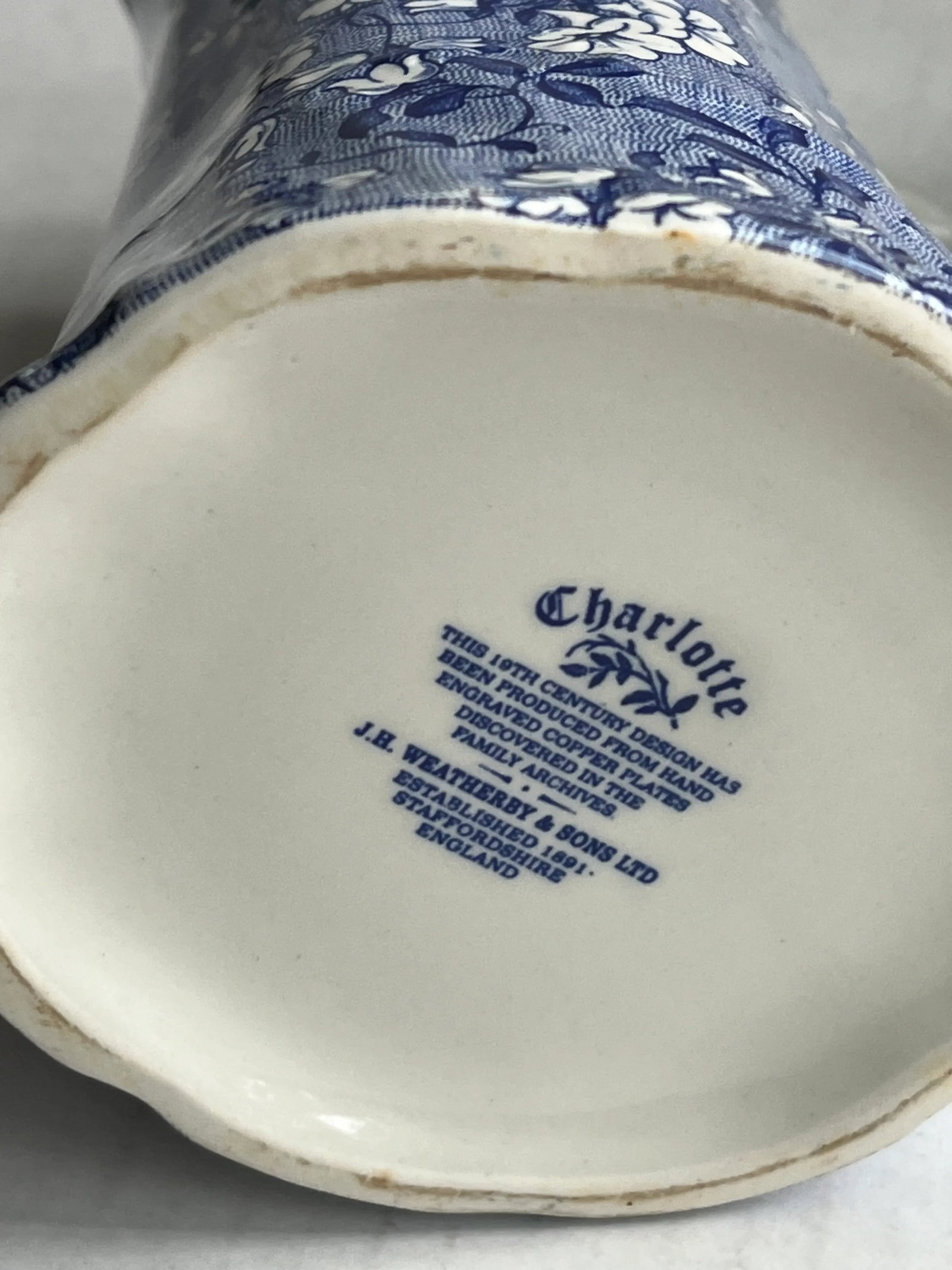 Calico Staffordshir Pitcher & Vintage England j.h. Weatherby & Sons Porcelain Charlotte Blue/White P - 4